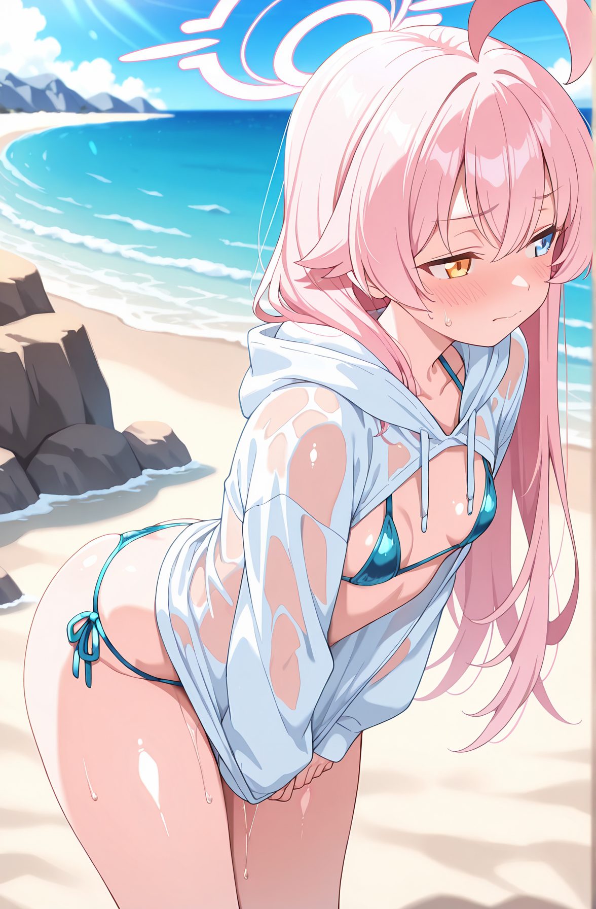 sensitive, 1girl, solo, long_hair, breasts, blush, bangs, blue_eyes, long_sleeves, hair_between_eyes, closed_mouth, jacket, swimsuit, yellow_eyes, pink_hair, ahoge, bikini, thighs, small_breasts, outdoors, sky, day, cloud, hood, water, blue_sky, wet, leaning_forward, side-tie_bikini_bottom, ocean, heterochromia, embarrassed, halo, looking_away, beach, wet_clothes, string_bikini, blue_bikini, sand, hoshino_(blue_archive), 長い髪, 赤面, 前髪, 青い目, 目にかかる髪, 口閉じ, 水着, ピンク髪, アホ毛, ビキニ, 小さな胸, ストリングビキニ, ホシノ（ブルーアーカイブ）