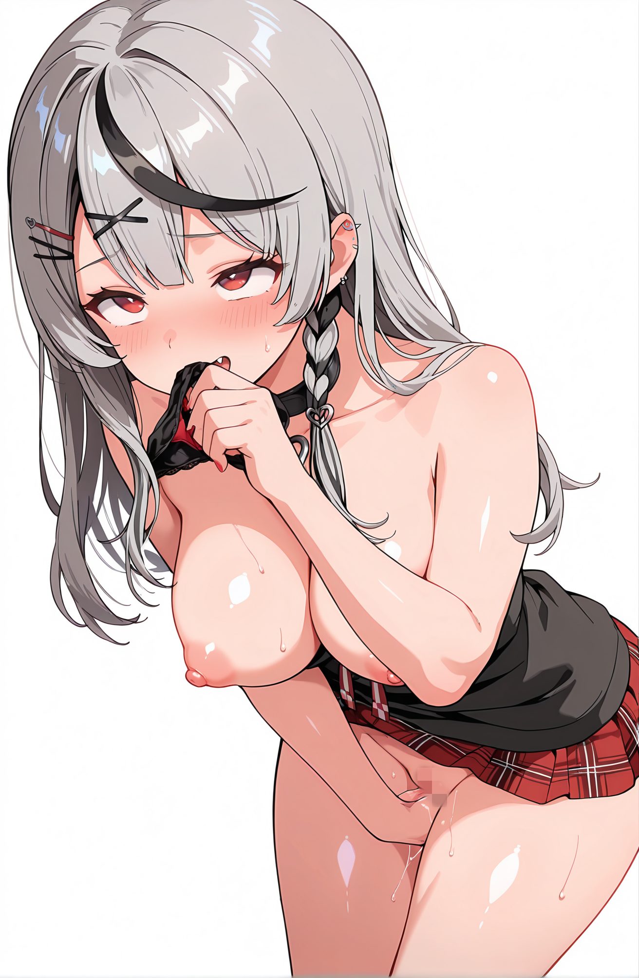 explicit, 1girl, solo, long_hair, breasts, blush, open_mouth, bangs, skirt, large_breasts, simple_background, black_hair, hair_ornament, red_eyes, white_background, holding, underwear, nipples, panties, braid, grey_hair, multicolored_hair, sweat, pussy, hairclip, fang, virtual_youtuber, miniskirt, collar, streaked_hair, plaid, uncensored, pussy_juice, leaning_forward, no_panties, red_skirt, plaid_skirt, topless, piercing, x_hair_ornament, ear_piercing, masturbation, fingering, female_masturbation, covering_mouth, holding_clothes, black_collar, panties_removed, holding_underwear, holding_panties, smelling, sakamata_chloe, 長い髪, 赤面, 口開き, 前髪, スカート, 大きな胸, 黒髪, 髪飾り, 赤い目, 下着, 乳首, パンツ, 灰髪, 多色髪, 汗, ヘアクリップ, バーチャルYouTuber, ミニスカート, 無修正, 愛液, ノーパン, オナニー, フィンガリング, 女性オナニー, 沙花叉クロヱ
