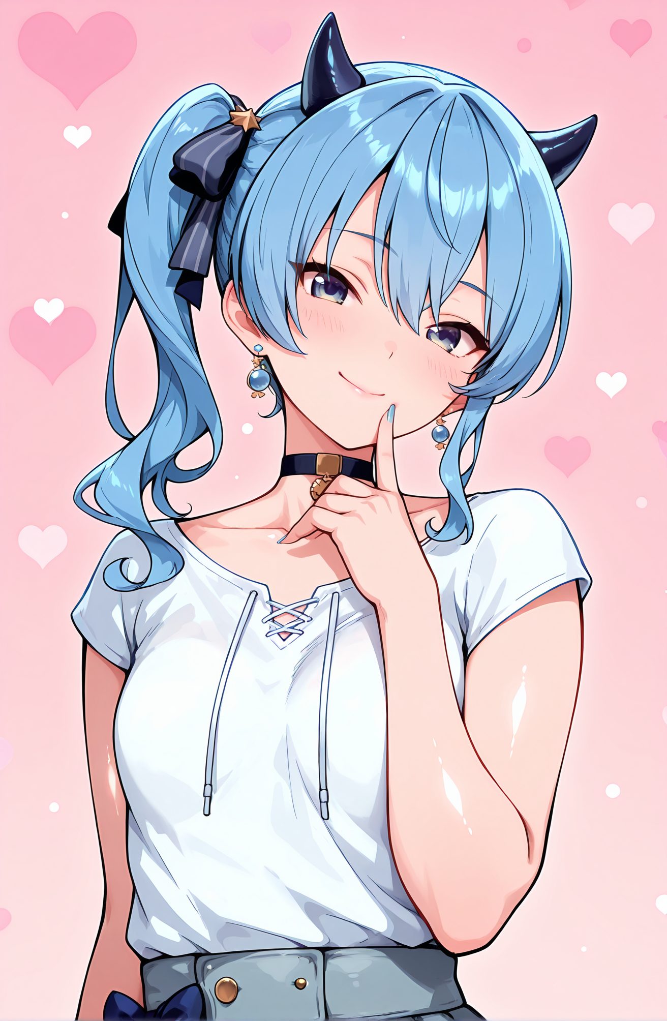 sensitive, 1girl, solo, long_hair, breasts, looking_at_viewer, blush, smile, bangs, blue_eyes, skirt, shirt, bow, ribbon, hair_between_eyes, jewelry, closed_mouth, blue_hair, collarbone, hair_ribbon, white_shirt, upper_body, short_sleeves, heart, earrings, small_breasts, horns, choker, virtual_youtuber, star_(symbol), nail_polish, side_ponytail, blue_skirt, black_choker, pink_background, demon_horns, finger_to_mouth, blue_nails, star_earrings, symbol_in_eye, star_in_eye, hoshimachi_suisei, 長い髪, 赤面, 笑顔, 前髪, 青い目, スカート, シャツ, ボウ, リボン, 目にかかる髪, ジュエリー, 口閉じ, 青髪, 鎖骨, 髪リボン, 白シャツ, イヤリング, 小さな胸, チョーカー, バーチャルYouTuber, サイドポニーテール, 黒チョーカー, 星街すいせい, 星街すいせい_posted