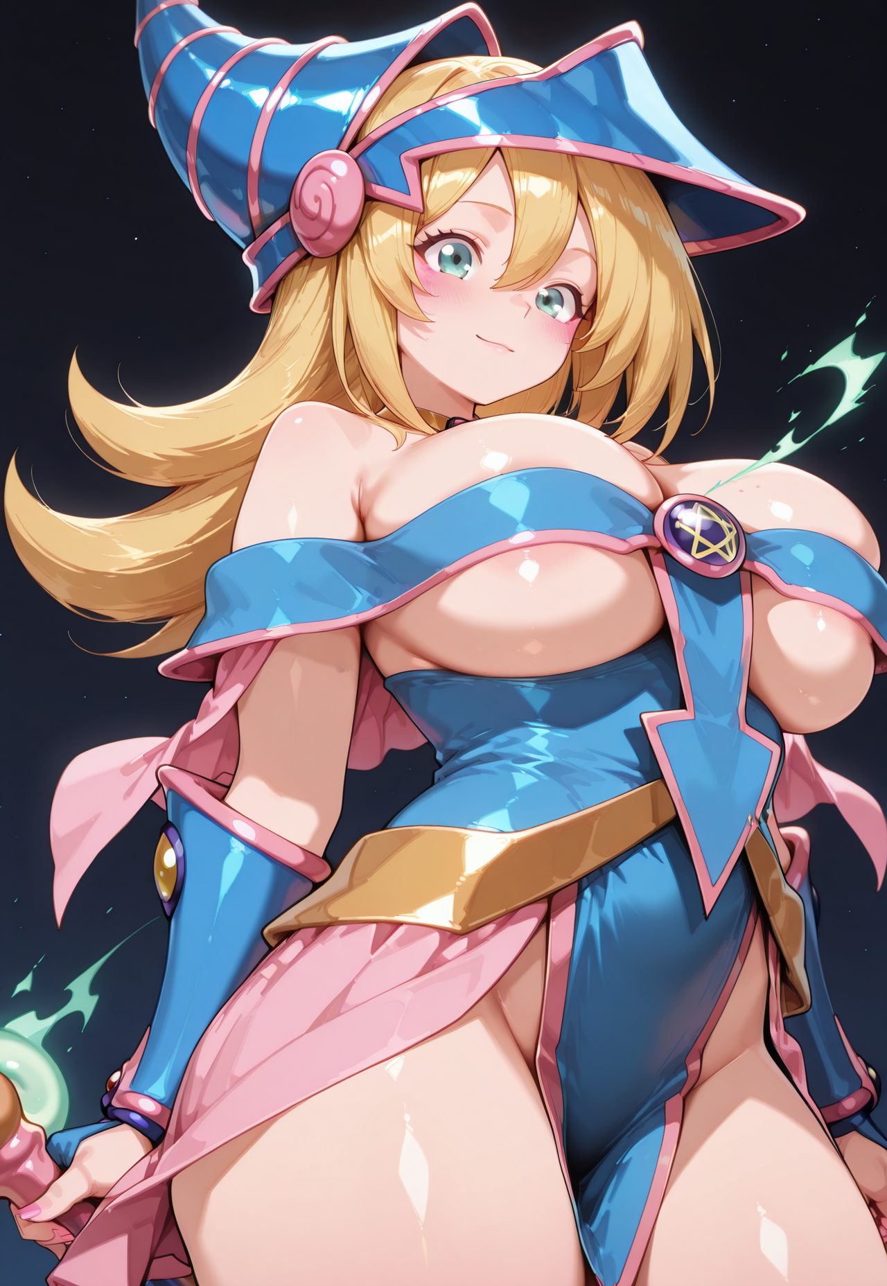 sensitive, questionable, 1girl, solo, long_hair, breasts, looking_at_viewer, blush, smile, bangs, blonde_hair, large_breasts, hat, dress, holding, cleavage, hair_between_eyes, bare_shoulders, closed_mouth, green_eyes, thighs, cowboy_shot, choker, shiny, huge_breasts, groin, shiny_skin, no_panties, underboob, blush_stickers, staff, blue_headwear, wand, duel_monster, pentagram, wizard_hat, pentacle, dark_magician_girl, 長い髪, 赤面, 笑顔, 前髪, 金髪, 大きな胸, 帽子, 目にかかる髪, 肩出し, 口閉じ, 緑の目, チョーカー, 光沢, 巨大な胸, 光沢肌, ノーパン, ブラック・マジシャン・ガール