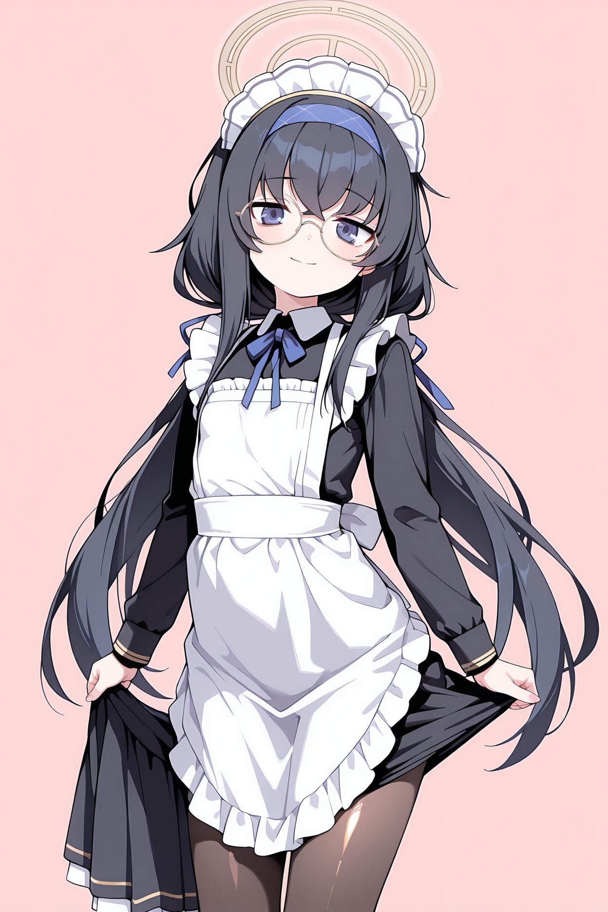 sensitive, 1girl, solo, long_hair, looking_at_viewer, blush, smile, bangs, blue_eyes, skirt, simple_background, black_hair, long_sleeves, dress, ribbon, holding, twintails, very_long_hair, closed_mouth, pantyhose, hairband, frills, glasses, alternate_costume, apron, black_dress, black_pantyhose, maid, maid_headdress, neck_ribbon, low_twintails, halo, pink_background, blue_ribbon, white_apron, maid_apron, frilled_apron, enmaided, skirt_hold, round_eyewear, blue_hairband, ui_(blue_archive), 長い髪, 赤面, 笑顔, 前髪, 青い目, スカート, 黒髪, リボン, ツインテール, とても長い髪, 口閉じ, パンスト, ヘアバンド, ローツインテール, ウイ（ブルーアーカイブ）