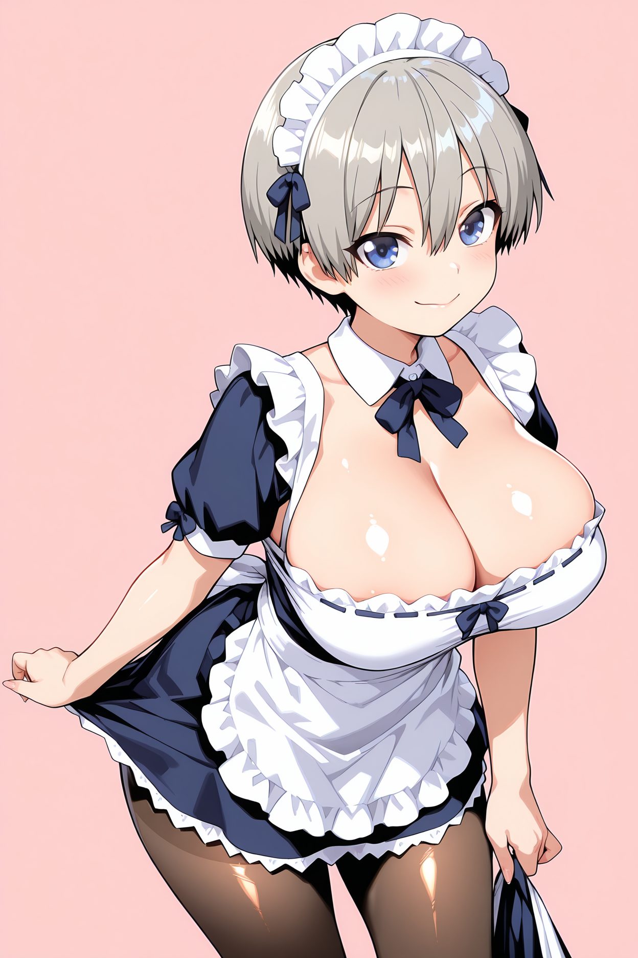sensitive, 1girl, solo, breasts, looking_at_viewer, blush, smile, short_hair, bangs, blue_eyes, large_breasts, simple_background, dress, bow, ribbon, holding, cleavage, hair_between_eyes, closed_mouth, collarbone, short_sleeves, grey_hair, pantyhose, cowboy_shot, frills, alternate_costume, puffy_sleeves, shiny, apron, black_dress, puffy_short_sleeves, shiny_skin, black_pantyhose, maid, maid_headdress, leaning_forward, detached_collar, pink_background, waist_apron, white_apron, maid_apron, frilled_apron, brown_pantyhose, enmaided, skirt_hold, uzaki_hana, 赤面, 笑顔, 短い髪, 前髪, 青い目, 大きな胸, ボウ, リボン, 目にかかる髪, 口閉じ, 鎖骨, 灰髪, パンスト, 光沢, 光沢肌, ウエストエプロン, 宇崎花