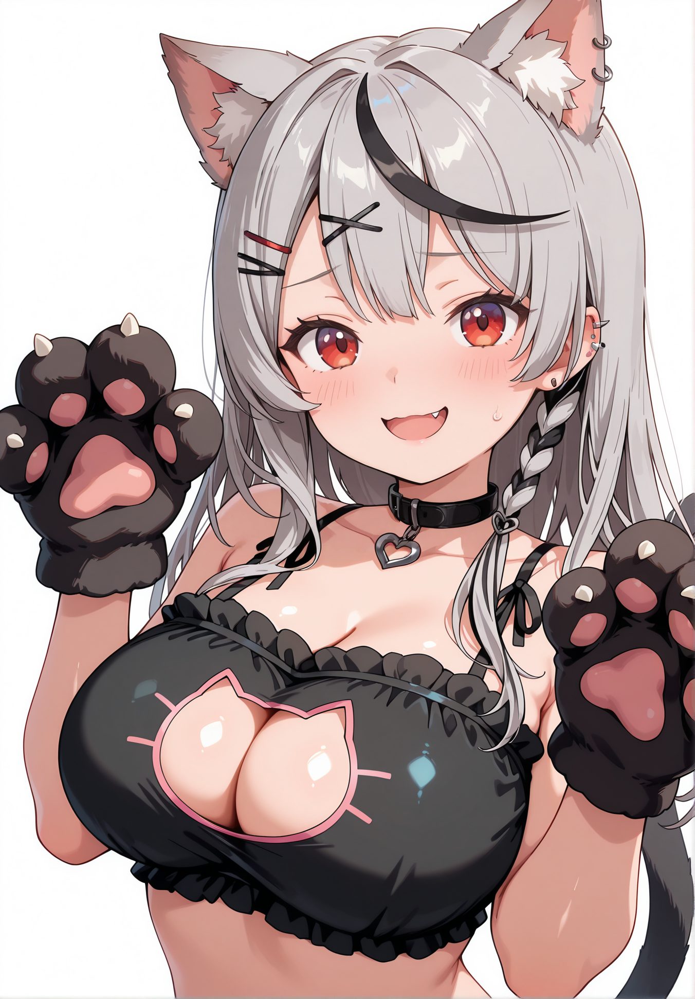 sensitive, 1girl, solo, long_hair, breasts, looking_at_viewer, blush, smile, open_mouth, bangs, large_breasts, simple_background, black_hair, hair_ornament, red_eyes, gloves, white_background, animal_ears, cleavage, bare_shoulders, underwear, collarbone, tail, upper_body, braid, :d, grey_hair, multicolored_hair, earrings, frills, hairclip, fang, virtual_youtuber, cat_ears, bra, collar, streaked_hair, cat_tail, animal_ear_fluff, hands_up, clothing_cutout, piercing, cleavage_cutout, x_hair_ornament, black_bra, ear_piercing, kemonomimi_mode, animal_hands, meme_attire, black_collar, paw_gloves, frilled_bra, cat_cutout, cat_lingerie, sakamata_chloe, 長い髪, 赤面, 笑顔, 口開き, 前髪, 大きな胸, 黒髪, 髪飾り, 赤い目, 手袋, 動物耳, 肩出し, 下着, 鎖骨, 灰髪, 多色髪, イヤリング, ヘアクリップ, バーチャルYouTuber, ブラ, 猫ランジェリー, 沙花叉クロヱ