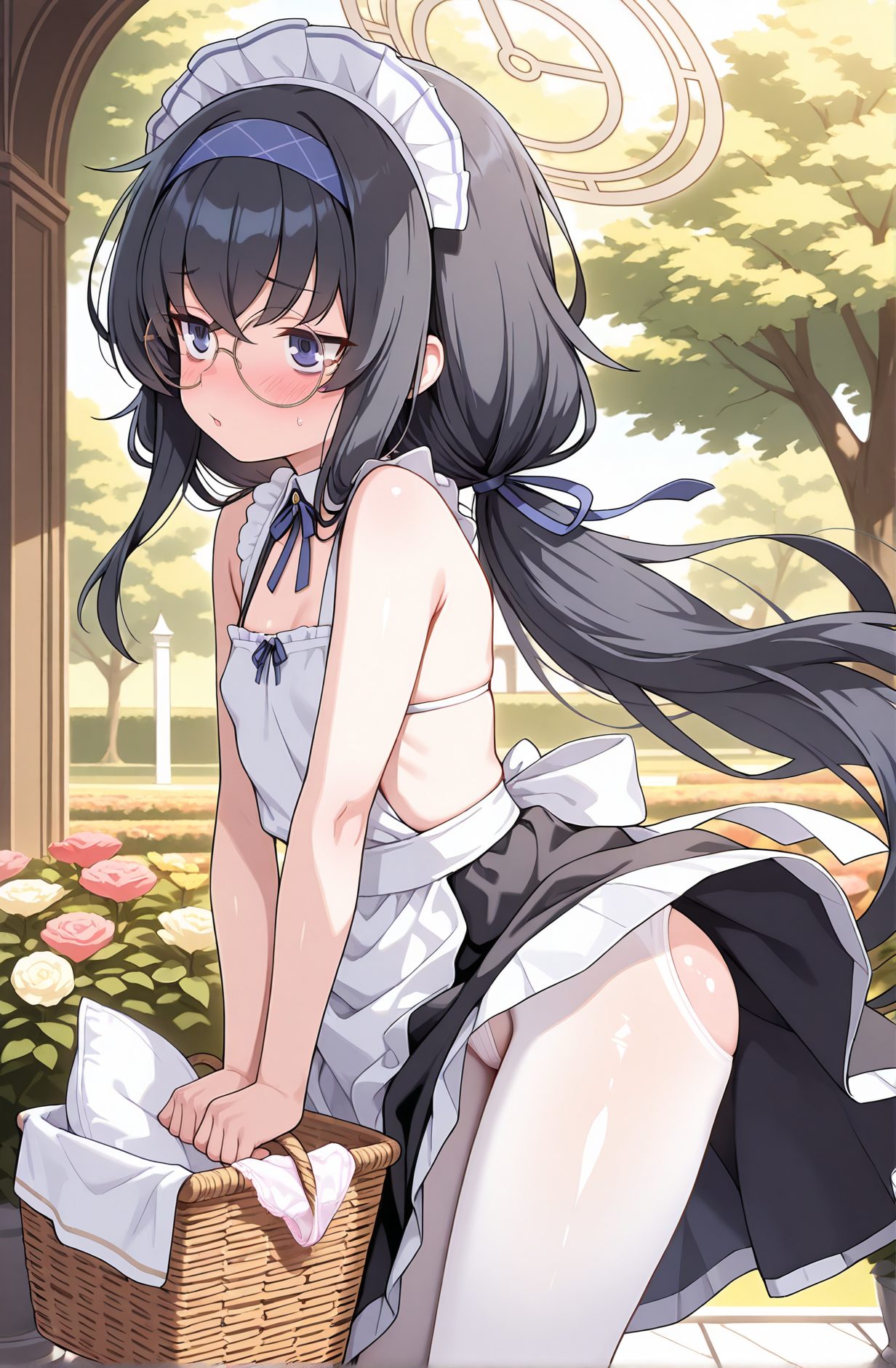 sensitive, 1girl, solo, long_hair, breasts, blush, bangs, blue_eyes, black_hair, ribbon, holding, bare_shoulders, twintails, very_long_hair, underwear, panties, hair_ribbon, flower, pantyhose, hairband, small_breasts, outdoors, frills, glasses, alternate_costume, bra, apron, flat_chest, tree, maid, maid_headdress, rose, low_twintails, halo, blue_ribbon, white_apron, maid_apron, white_bra, white_pantyhose, enmaided, round_eyewear, basket, blue_hairband, ui_(blue_archive), 長い髪, 赤面, 前髪, 青い目, 黒髪, リボン, 肩出し, ツインテール, とても長い髪, 下着, パンツ, 髪リボン, パンスト, ヘアバンド, 小さな胸, ブラ, 平らな胸, ローツインテール, ウイ（ブルーアーカイブ）