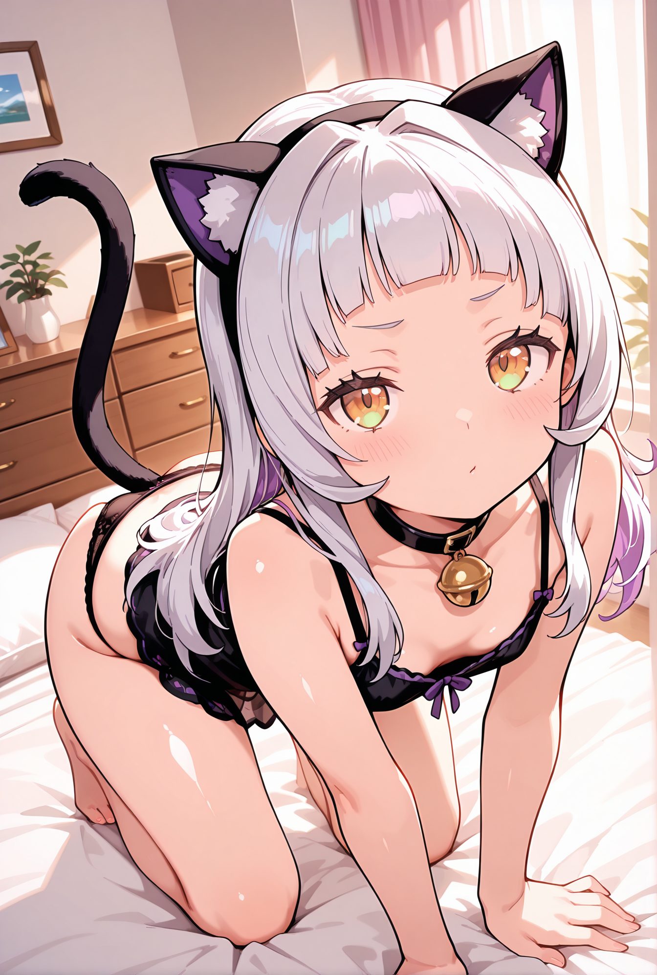 sensitive, 1girl, solo, long_hair, breasts, looking_at_viewer, blush, bangs, animal_ears, bare_shoulders, closed_mouth, underwear, collarbone, panties, tail, yellow_eyes, white_hair, grey_hair, hairband, small_breasts, barefoot, choker, indoors, virtual_youtuber, cat_ears, blunt_bangs, collar, cat_tail, animal_ear_fluff, black_panties, bare_legs, bell, on_bed, black_choker, underwear_only, lingerie, plant, cat_girl, all_fours, jingle_bell, neck_bell, camisole, potted_plant, black_camisole, murasaki_shion, パンツ, 下着, バーチャルYouTuber, うさ耳, ぱっつん, 獣耳, 貧乳, 長い髪, 赤面, 前髪, 動物耳, 肩出し, 口閉じ, 鎖骨, 白髪, 灰髪, ヘアバンド, 小さな胸, チョーカー, 黒チョーカー, ランジェリー, 四つん這い, キャミソール, 紫咲シオン