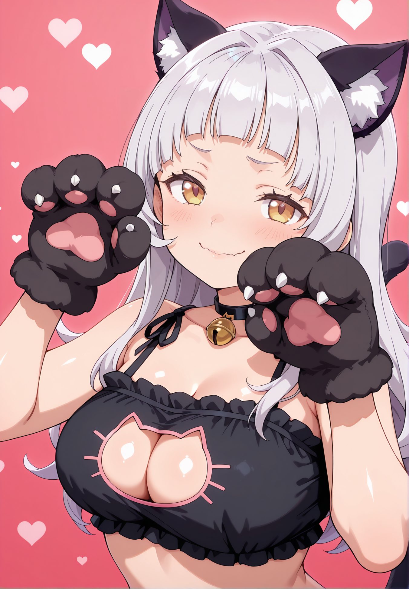 sensitive, 1girl, solo, long_hair, breasts, looking_at_viewer, blush, smile, bangs, large_breasts, gloves, animal_ears, cleavage, closed_mouth, underwear, collarbone, tail, yellow_eyes, upper_body, grey_hair, heart, frills, choker, virtual_youtuber, cat_ears, blunt_bangs, bra, animal_ear_fluff, clothing_cutout, bell, black_choker, wavy_mouth, cleavage_cutout, pink_background, black_bra, jingle_bell, neck_bell, alternate_breast_size, animal_hands, meme_attire, paw_gloves, frilled_bra, cat_cutout, cat_lingerie, murasaki_shion, 長い髪, 赤面, 笑顔, 前髪, 大きな胸, 手袋, 動物耳, 口閉じ, 下着, 鎖骨, 灰髪, チョーカー, バーチャルYouTuber, ブラ, 黒チョーカー, 猫ランジェリー, 紫咲シオン