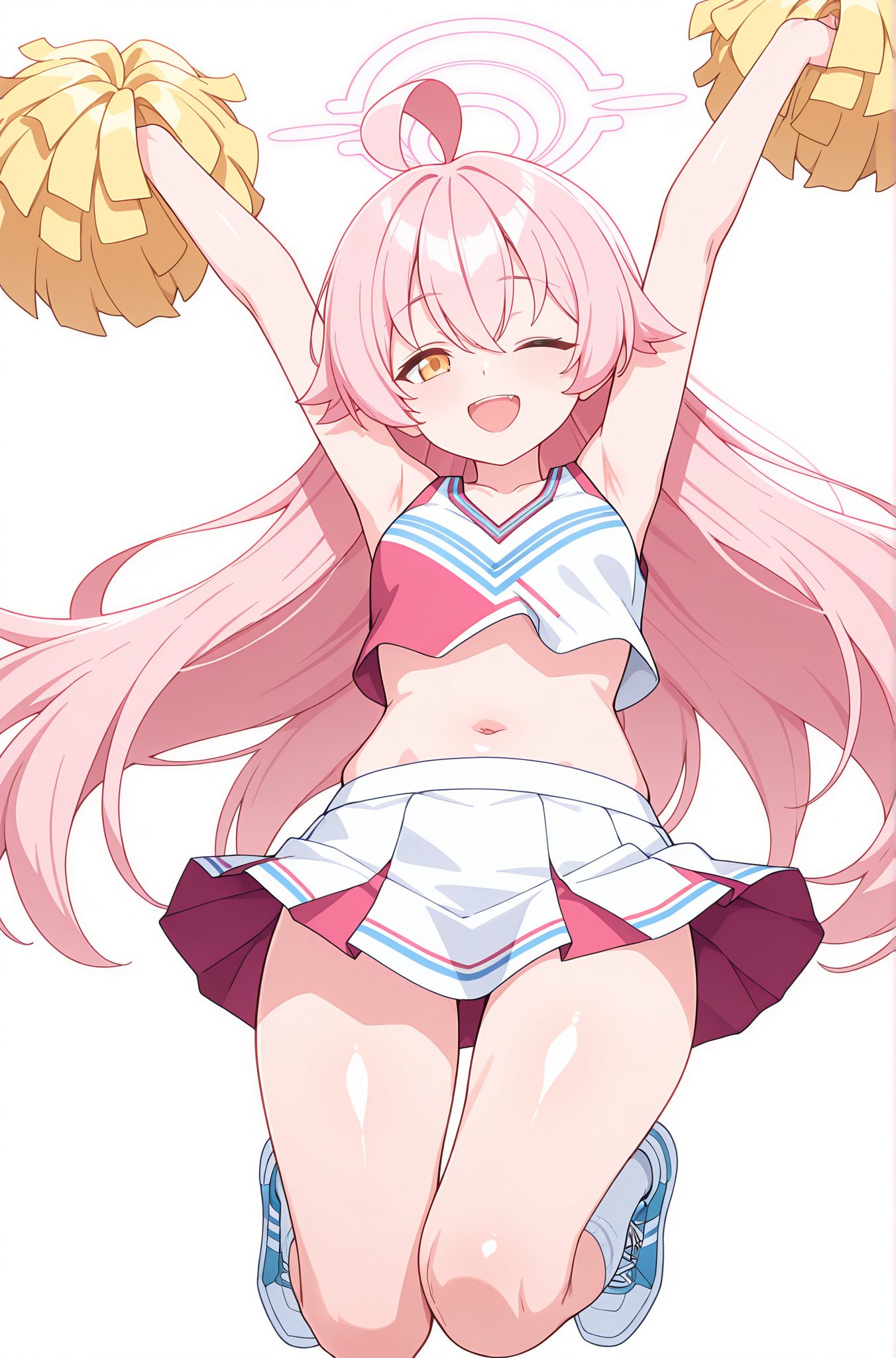 sensitive, 1girl, solo, long_hair, breasts, looking_at_viewer, smile, open_mouth, bangs, skirt, simple_background, shirt, white_background, navel, bare_shoulders, very_long_hair, full_body, yellow_eyes, pink_hair, ahoge, thighs, pleated_skirt, one_eye_closed, shoes, sleeveless, socks, midriff, miniskirt, armpits, stomach, arms_up, crop_top, sleeveless_shirt, halo, white_skirt, ;d, sneakers, jumping, cheerleader, pom_pom_(cheerleading), hoshino_(blue_archive), 長い髪, 笑顔, 口開き, 前髪, スカート, シャツ, 肩出し, とても長い髪, ピンク髪, アホ毛, 靴, ソックス, ミニスカート, クロップトップ, ホシノ（ブルーアーカイブ）