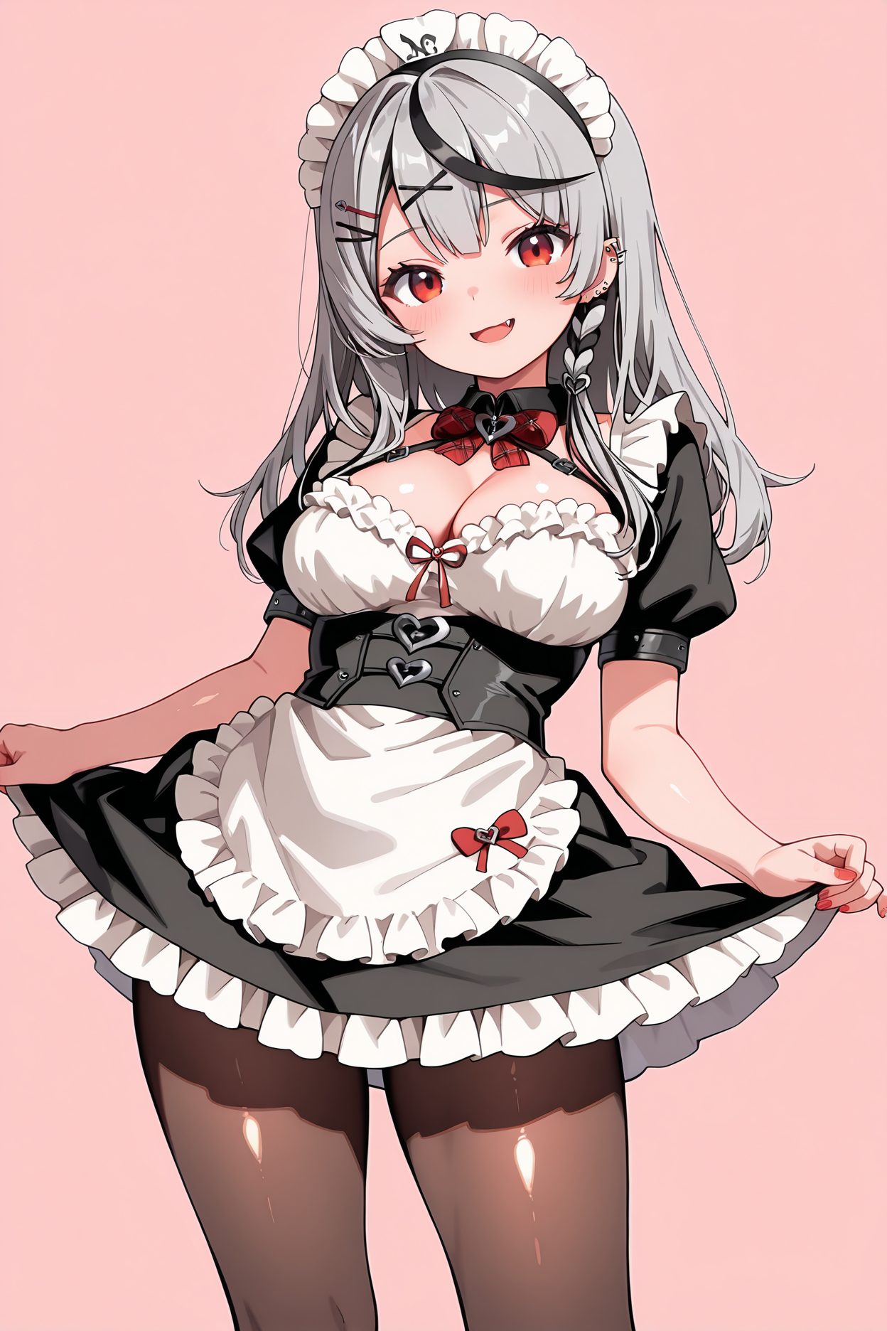sensitive, 1girl, solo, long_hair, breasts, looking_at_viewer, blush, smile, open_mouth, bangs, skirt, large_breasts, simple_background, black_hair, hair_ornament, red_eyes, bow, cleavage, braid, short_sleeves, :d, grey_hair, pantyhose, multicolored_hair, frills, alternate_costume, hairclip, fang, virtual_youtuber, bowtie, nail_polish, apron, red_bow, collar, streaked_hair, maid, maid_headdress, piercing, pink_background, x_hair_ornament, ear_piercing, red_nails, frilled_apron, brown_pantyhose, enmaided, skirt_hold, black_collar, sakamata_chloe, 長い髪, 赤面, 笑顔, 口開き, 前髪, スカート, 大きな胸, 黒髪, 髪飾り, 赤い目, ボウ, 灰髪, パンスト, 多色髪, ヘアクリップ, バーチャルYouTuber, 赤リボン, 沙花叉クロヱ, Posted
