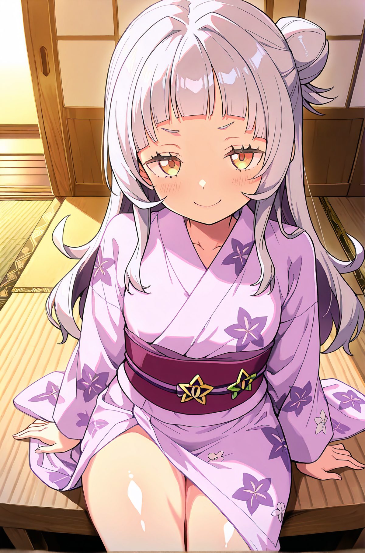 sensitive, 1girl, solo, long_hair, looking_at_viewer, blush, smile, bangs, long_sleeves, sitting, closed_mouth, collarbone, yellow_eyes, grey_hair, thighs, japanese_clothes, alternate_costume, shiny, indoors, virtual_youtuber, blunt_bangs, kimono, hair_bun, sash, obi, floral_print, single_hair_bun, yukata, short_eyebrows, print_kimono, single_side_bun, pink_kimono, purple_kimono, murasaki_shion, 長い髪, 赤面, 笑顔, 前髪, 座り, 口閉じ, 鎖骨, 灰髪, 和服, 光沢, バーチャルYouTuber, 髪団子, 紫咲シオン
