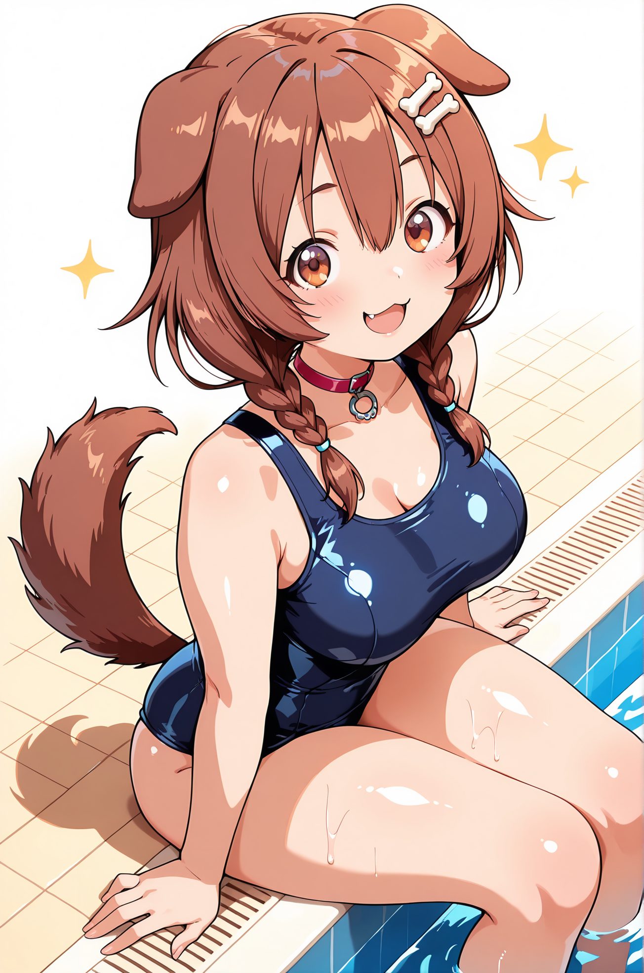 sensitive, 1girl, solo, long_hair, breasts, looking_at_viewer, blush, smile, open_mouth, bangs, large_breasts, brown_hair, hair_ornament, animal_ears, cleavage, hair_between_eyes, bare_shoulders, brown_eyes, medium_breasts, sitting, collarbone, tail, swimsuit, braid, :d, thighs, fang, virtual_youtuber, water, twin_braids, collar, wet, one-piece_swimsuit, sparkle, :3, school_swimsuit, dog_ears, shiny_clothes, dog_tail, blue_one-piece_swimsuit, dog_girl, tiles, pool, tile_floor, soaking_feet, poolside, red_collar, animal_collar, bone_hair_ornament, inugami_korone, 長い髪, 赤面, 笑顔, 口開き, 前髪, 大きな胸, 茶髪, 髪飾り, 動物耳, 目にかかる髪, 肩出し, 中くらいの胸, 座り, 鎖骨, 水着, バーチャルYouTuber, ツインブレイド, ワンピース水着, 学校水着, 戌神ころね, Posted, 戌神ころね_posted