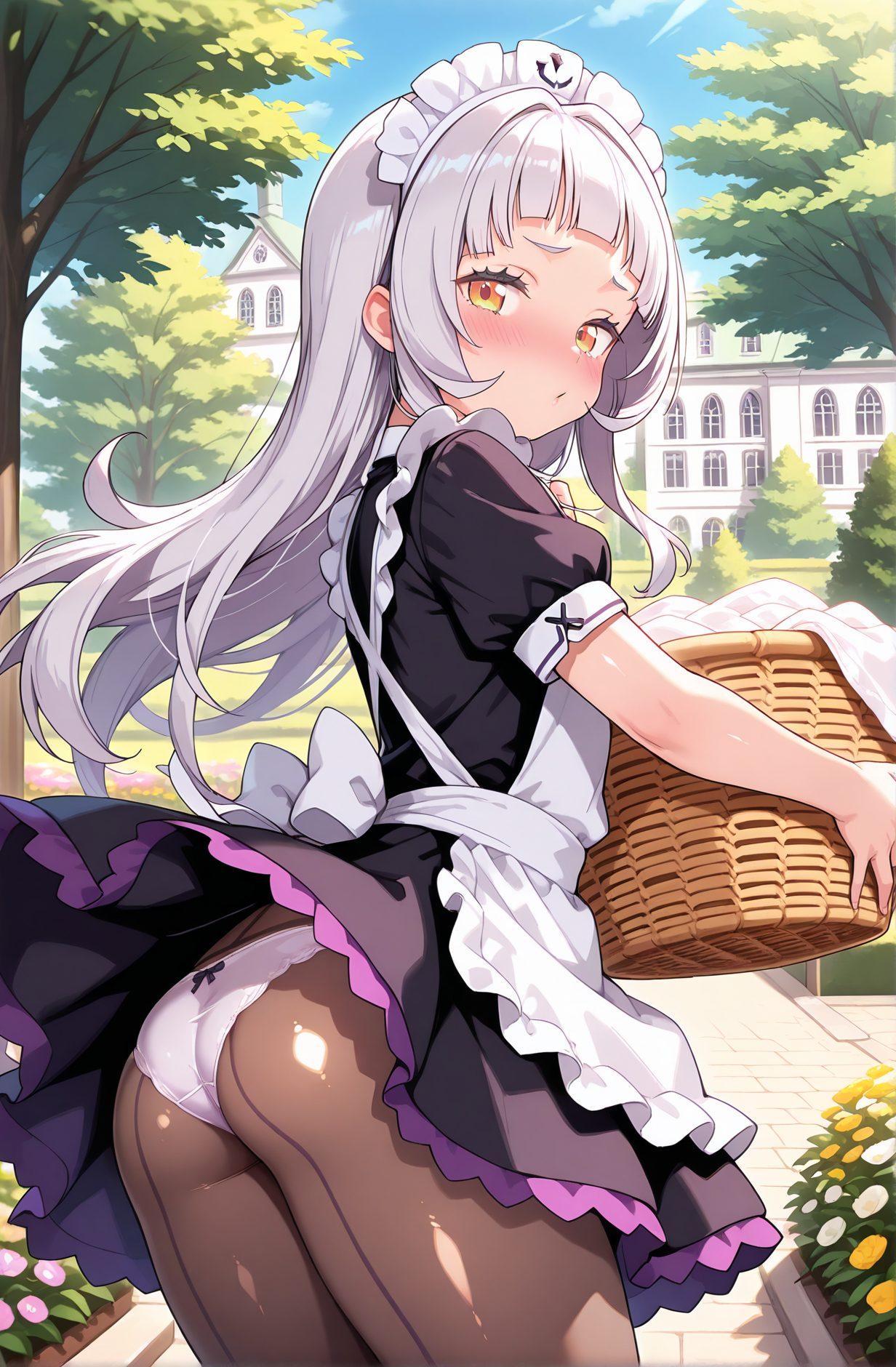 sensitive, 1girl, solo, long_hair, looking_at_viewer, blush, bangs, dress, holding, closed_mouth, underwear, standing, panties, yellow_eyes, ass, short_sleeves, grey_hair, pantyhose, outdoors, frills, alternate_costume, day, puffy_sleeves, looking_back, virtual_youtuber, blunt_bangs, white_panties, apron, black_dress, tree, puffy_short_sleeves, black_pantyhose, maid, maid_headdress, white_apron, maid_apron, panties_under_pantyhose, frilled_apron, brown_pantyhose, enmaided, basket, wind_lift, holding_basket, murasaki_shion, 長い髪, 赤面, 前髪, 口閉じ, 下着, パンツ, 灰髪, パンスト, バーチャルYouTuber, 紫咲シオン