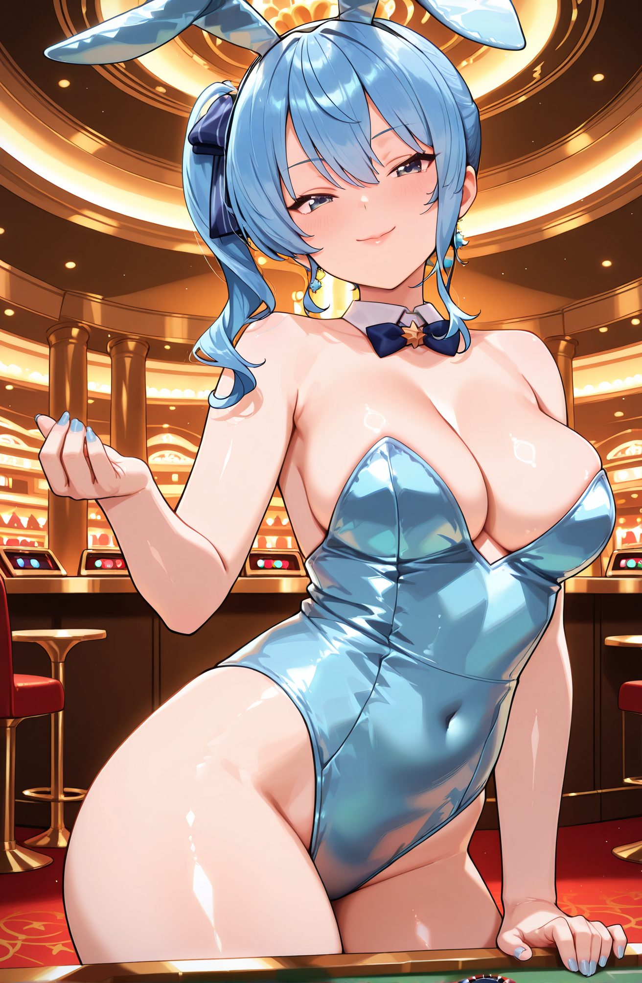sensitive, 1girl, solo, long_hair, breasts, looking_at_viewer, blush, smile, bangs, blue_eyes, large_breasts, bow, ribbon, animal_ears, cleavage, hair_between_eyes, bare_shoulders, jewelry, closed_mouth, blue_hair, hair_ribbon, sidelocks, thighs, cowboy_shot, earrings, shiny, indoors, virtual_youtuber, hand_up, bowtie, star_(symbol), nail_polish, rabbit_ears, side_ponytail, leotard, shiny_skin, bare_arms, strapless, covered_navel, detached_collar, fake_animal_ears, highleg, blue_bow, playboy_bunny, table, blue_ribbon, highleg_leotard, strapless_leotard, blue_nails, alternate_breast_size, blue_bowtie, blue_leotard, star_earrings, hoshimachi_suisei, 長い髪, 赤面, 笑顔, 前髪, 青い目, 大きな胸, ボウ, リボン, 動物耳, 目にかかる髪, 肩出し, ジュエリー, 口閉じ, 青髪, 髪リボン, サイドロック, イヤリング, 光沢, バーチャルYouTuber, うさ耳, サイドポニーテール, レオタード, 光沢肌, 偽動物耳, プレイボーイバニー, ハイレグレオタード, ストラップレスレオタード, 星街すいせい, 星街すいせい_posted