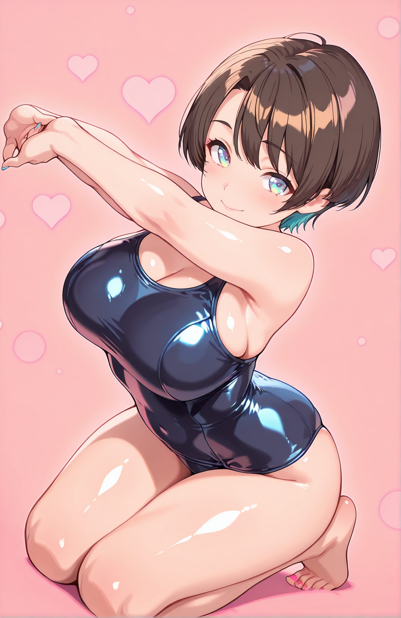 sensitive, 1girl, solo, breasts, looking_at_viewer, blush, smile, short_hair, bangs, blue_eyes, large_breasts, brown_hair, cleavage, bare_shoulders, closed_mouth, swimsuit, full_body, heart, thighs, barefoot, shiny, virtual_youtuber, nail_polish, one-piece_swimsuit, shiny_skin, bare_legs, kneeling, covered_navel, skindentation, pink_background, school_swimsuit, toenails, shiny_clothes, blue_one-piece_swimsuit, toenail_polish, stretching, oozora_subaru, 赤面, 笑顔, 短い髪, 前髪, 青い目, 大きな胸, 茶髪, 肩出し, 口閉じ, 水着, 光沢, バーチャルYouTuber, ワンピース水着, 光沢肌, 学校水着, 大空スバル