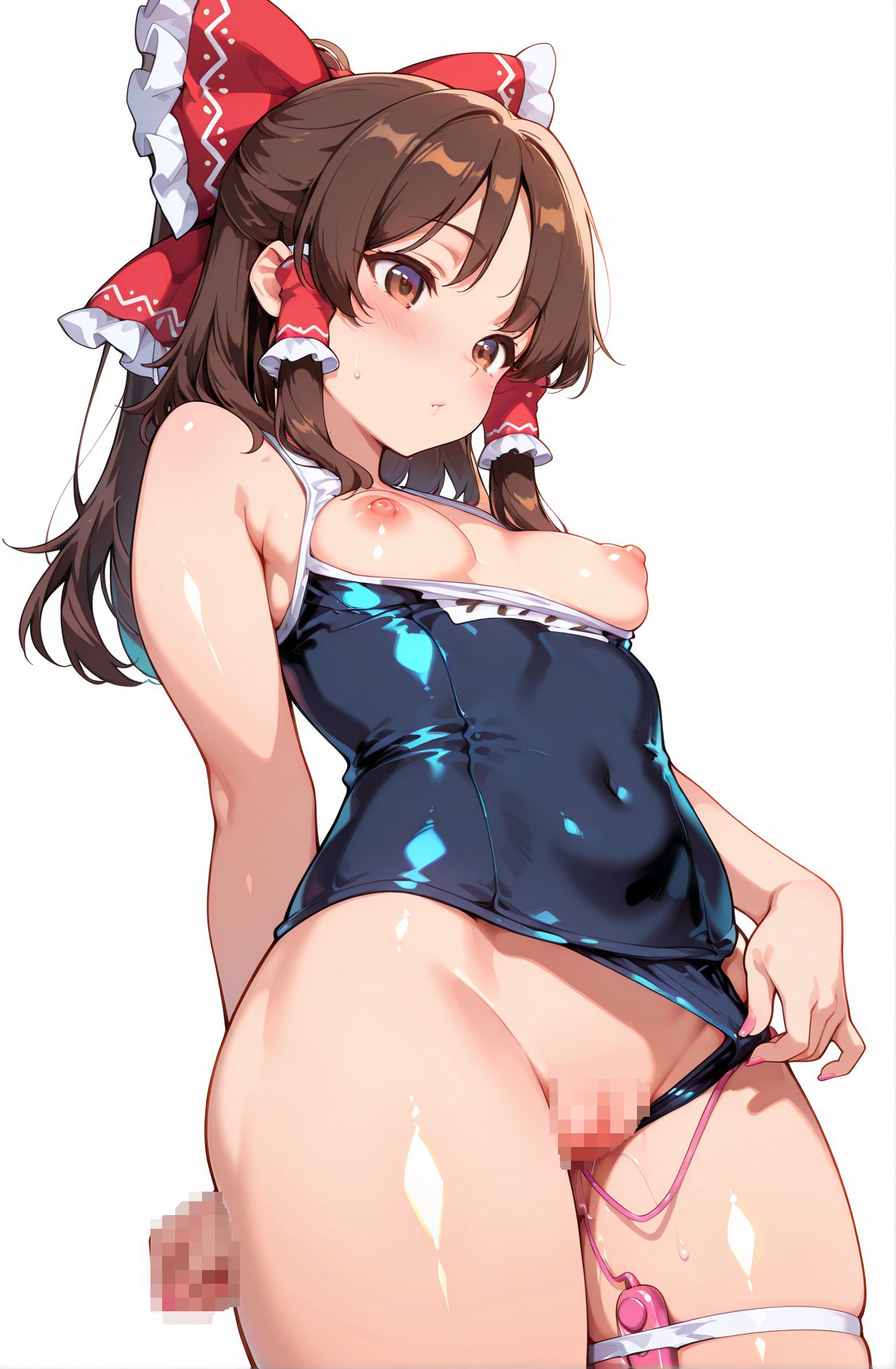 explicit, 1girl, solo, long_hair, breasts, blush, bangs, simple_background, brown_hair, white_background, bow, bare_shoulders, brown_eyes, nipples, swimsuit, hair_bow, thighs, cowboy_shot, small_breasts, frills, pussy, shiny, red_bow, one-piece_swimsuit, shiny_skin, uncensored, covered_navel, skindentation, thigh_strap, hair_tubes, clothes_pull, school_swimsuit, breasts_out, sex_toy, clothing_aside, puffy_nipples, blue_one-piece_swimsuit, object_insertion, vibrator, frilled_bow, one-piece_swimsuit_pull, swimsuit_aside, hakurei_reimu, 長い髪, 赤面, 前髪, 茶髪, ボウ, 肩出し, 乳首, 水着, 髪ボウ, 小さな胸, 光沢, 赤リボン, ワンピース水着, 光沢肌, 無修正, 学校水着, 胸出し, 衣服ずらし, 水着ずらし, 博麗霊夢