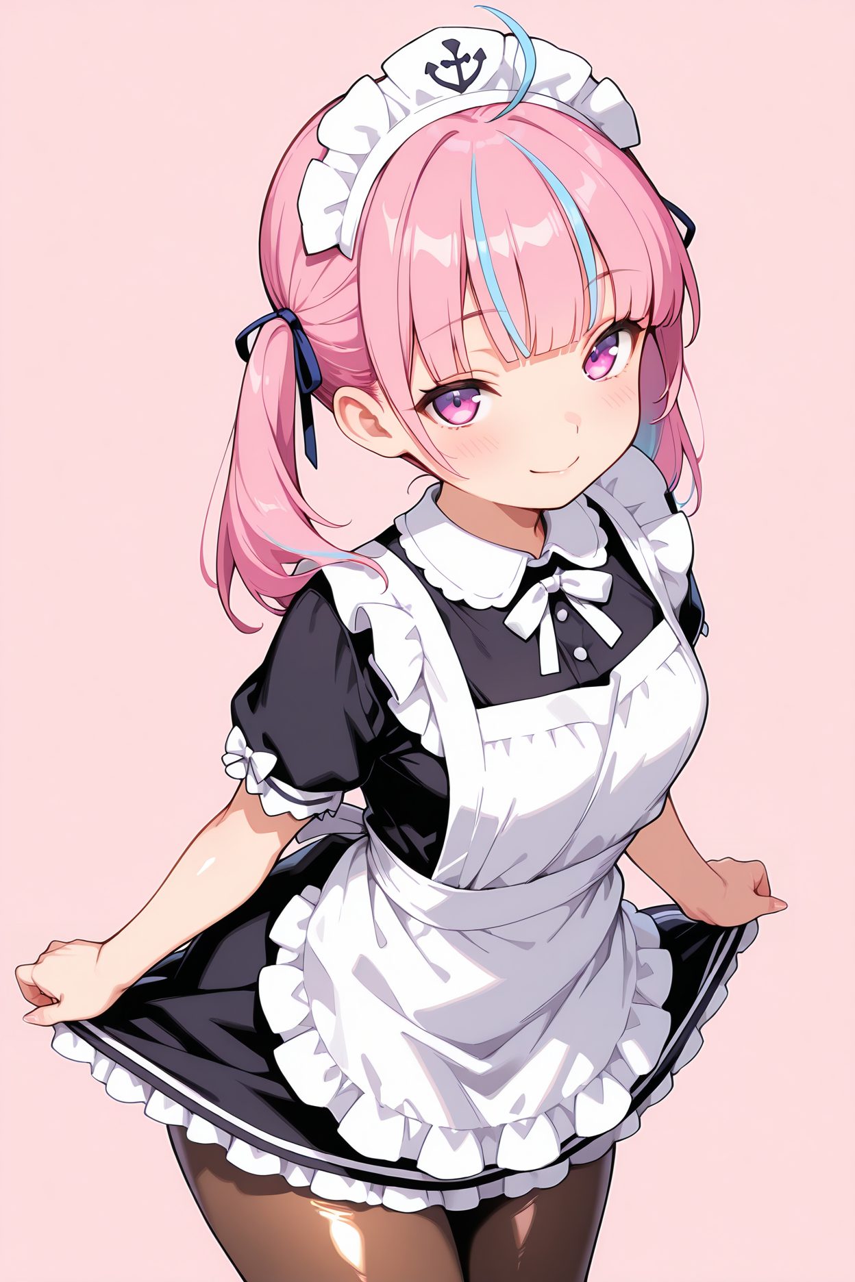 sensitive, 1girl, solo, long_hair, breasts, looking_at_viewer, blush, smile, bangs, simple_background, dress, bow, ribbon, twintails, closed_mouth, blue_hair, purple_eyes, hair_ribbon, pink_hair, ahoge, short_sleeves, pantyhose, sidelocks, multicolored_hair, cowboy_shot, frills, puffy_sleeves, virtual_youtuber, blunt_bangs, pink_eyes, apron, black_dress, two-tone_hair, puffy_short_sleeves, streaked_hair, black_pantyhose, maid, maid_headdress, black_ribbon, pink_background, frilled_dress, white_bow, white_apron, maid_apron, frilled_apron, brown_pantyhose, colored_inner_hair, skirt_hold, collared_dress, minato_aqua, 長い髪, 赤面, 笑顔, 前髪, ボウ, リボン, ツインテール, 口閉じ, 青髪, 髪リボン, ピンク髪, アホ毛, パンスト, サイドロック, 多色髪, バーチャルYouTuber, みなとあくあ