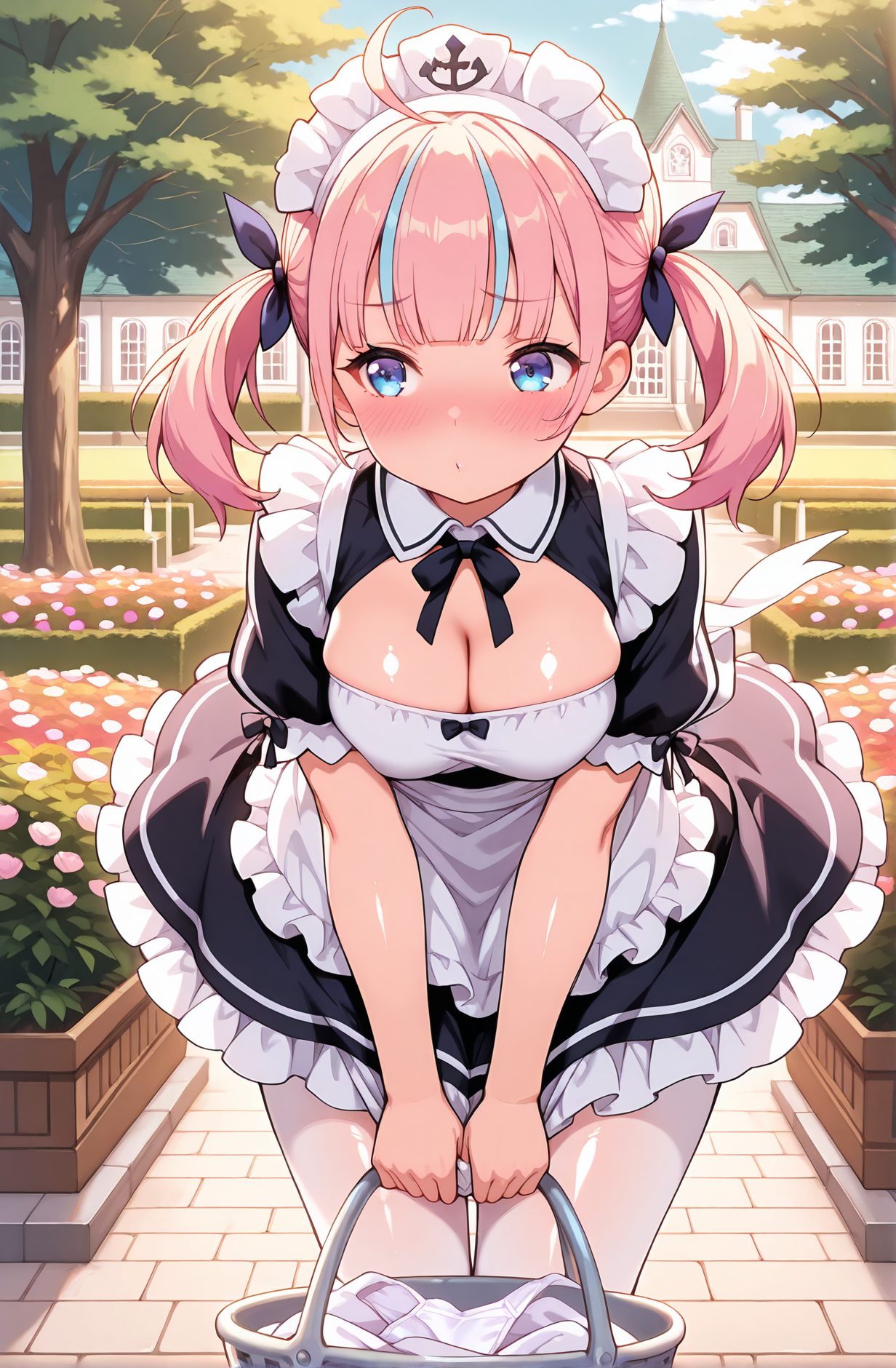 sensitive, 1girl, solo, breasts, blush, bangs, blue_eyes, large_breasts, dress, bow, ribbon, holding, cleavage, twintails, medium_breasts, closed_mouth, blue_hair, hair_ribbon, pink_hair, flower, ahoge, short_sleeves, pantyhose, multicolored_hair, outdoors, frills, sky, day, puffy_sleeves, virtual_youtuber, blunt_bangs, bag, apron, black_dress, two-tone_hair, tree, puffy_short_sleeves, streaked_hair, maid, maid_headdress, clothing_cutout, black_ribbon, leaning_forward, looking_away, cleavage_cutout, frilled_dress, white_apron, white_pantyhose, holding_bag, minato_aqua, 赤面, 前髪, 青い目, 大きな胸, ボウ, リボン, ツインテール, 中くらいの胸, 口閉じ, 青髪, 髪リボン, ピンク髪, アホ毛, パンスト, 多色髪, バーチャルYouTuber, みなとあくあ