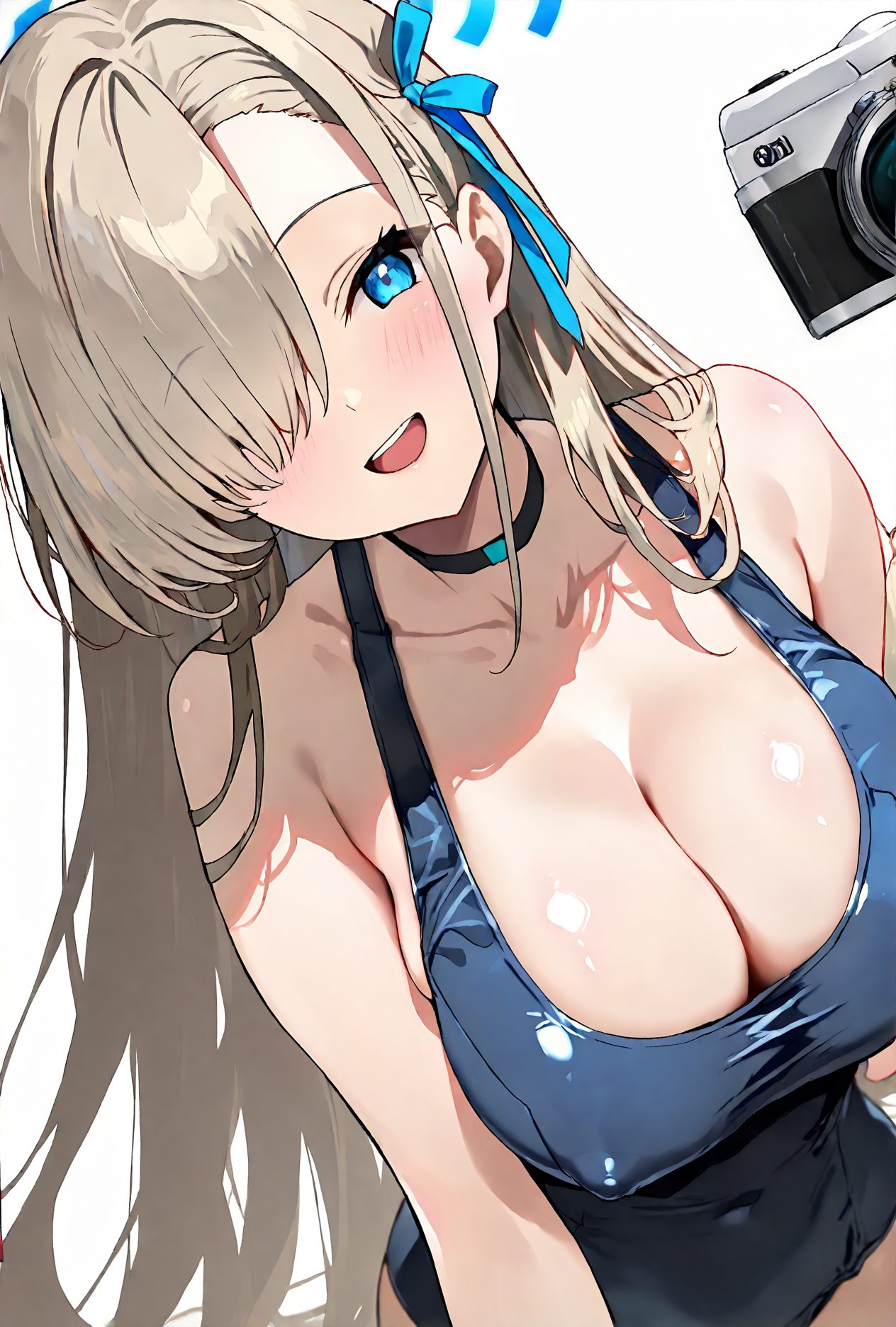1girl, breasts, large breasts, asuna \(blue archive\), cleavage, hair over one eye, blue eyes, long hair, smile, looking at viewer, solo, alternate costume, one-piece swimsuit, halo, blush, bangs, swimsuit, choker, open mouth, ribbon, collarbone, hair ribbon, bare shoulders, covered nipples, covered navel, light brown hair, white background, blue one-piece swimsuit, camera, blue ribbon, black choker, very long hair, one eye covered, simple background, teeth, 赤面, 笑顔, 胸チラ, 乳首チラ, 水着, ロングヘア, 巨乳, ぱっつん, ワンピース, 大きな胸, アスナ（ブルーアーカイブ）, 青い目, 長い髪, ワンピース水着, 前髪, チョーカー, 口開き, リボン, 鎖骨, 髪リボン, 肩出し, 黒チョーカー, とても長い髪