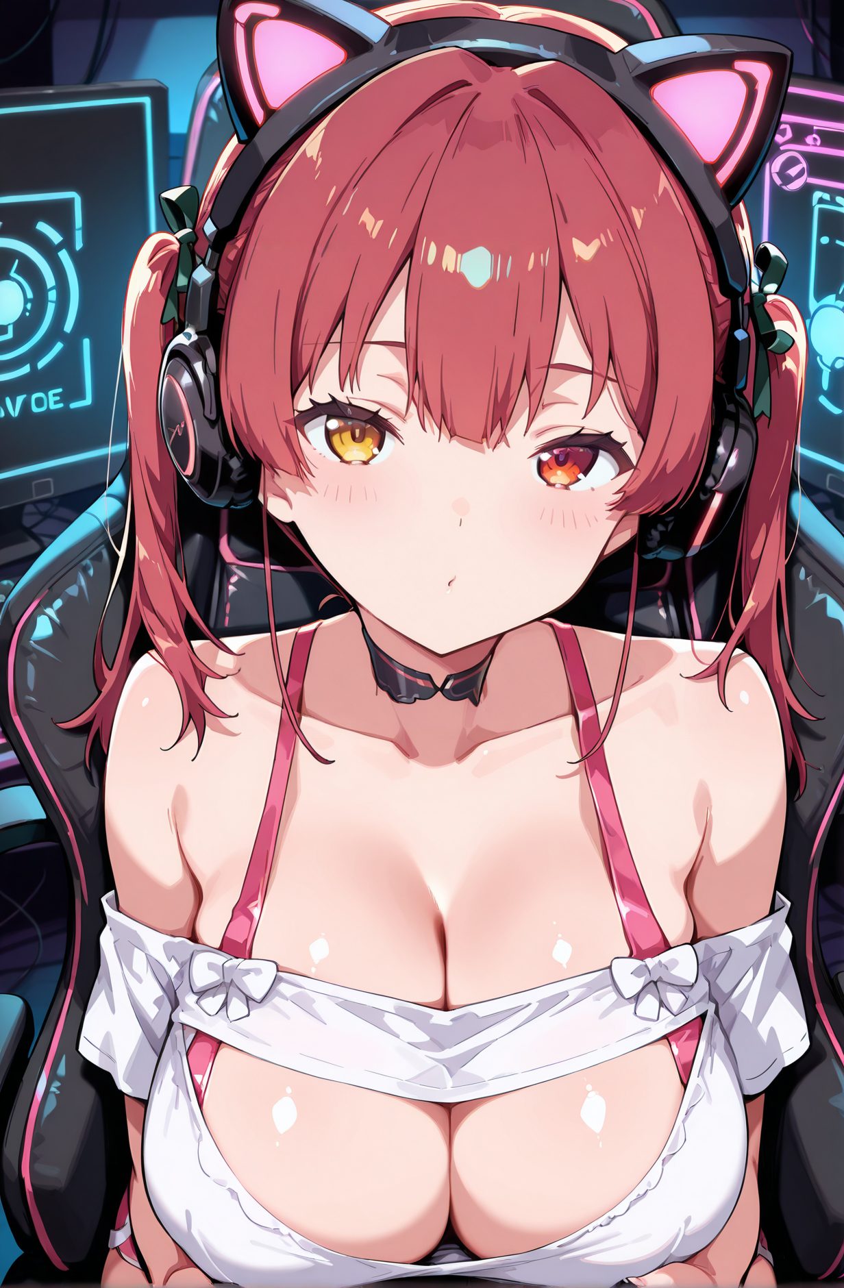 sensitive, 1girl, solo, long_hair, breasts, looking_at_viewer, blush, bangs, large_breasts, shirt, red_eyes, animal_ears, cleavage, bare_shoulders, twintails, sitting, collarbone, yellow_eyes, white_shirt, red_hair, choker, virtual_youtuber, cat_ears, off_shoulder, bra, fake_animal_ears, headphones, heterochromia, chair, off-shoulder_shirt, monitor, office_chair, animal_ear_headphones, cat_ear_headphones, houshou_marine, 長い髪, 赤面, 前髪, 大きな胸, シャツ, 赤い目, 動物耳, 肩出し, ツインテール, 座り, 鎖骨, 白シャツ, 赤髪, チョーカー, バーチャルYouTuber, ブラ, 偽動物耳, 宝鐘マリン