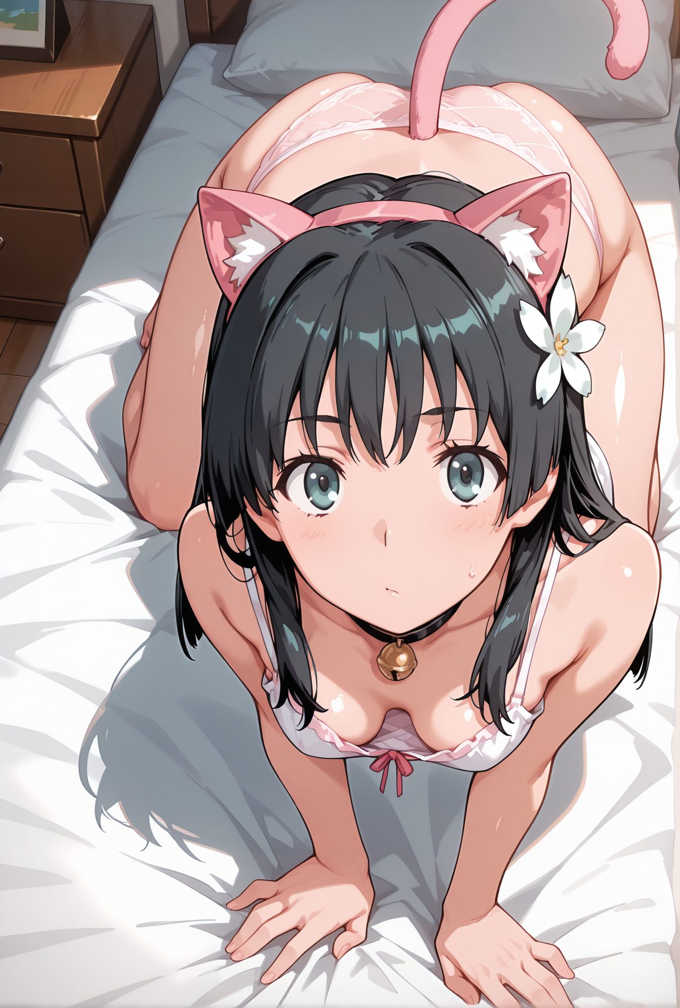 questionable, 1girl, solo, long_hair, breasts, looking_at_viewer, blush, bangs, black_hair, hair_ornament, animal_ears, bare_shoulders, closed_mouth, underwear, green_eyes, collarbone, panties, tail, ass, flower, hairband, small_breasts, barefoot, choker, indoors, cat_ears, hair_flower, bra, white_panties, cat_tail, bell, bed, fake_animal_ears, bed_sheet, on_bed, underwear_only, all_fours, pink_panties, jingle_bell, neck_bell, pink_bra, fake_tail, downblouse, saten_ruiko, 長い髪, 赤面, 前髪, 黒髪, 髪飾り, 動物耳, 肩出し, 口閉じ, 下着, 緑の目, 鎖骨, パンツ, ヘアバンド, 小さな胸, チョーカー, 髪の花, ブラ, 偽動物耳, 四つん這い, 佐天涙子