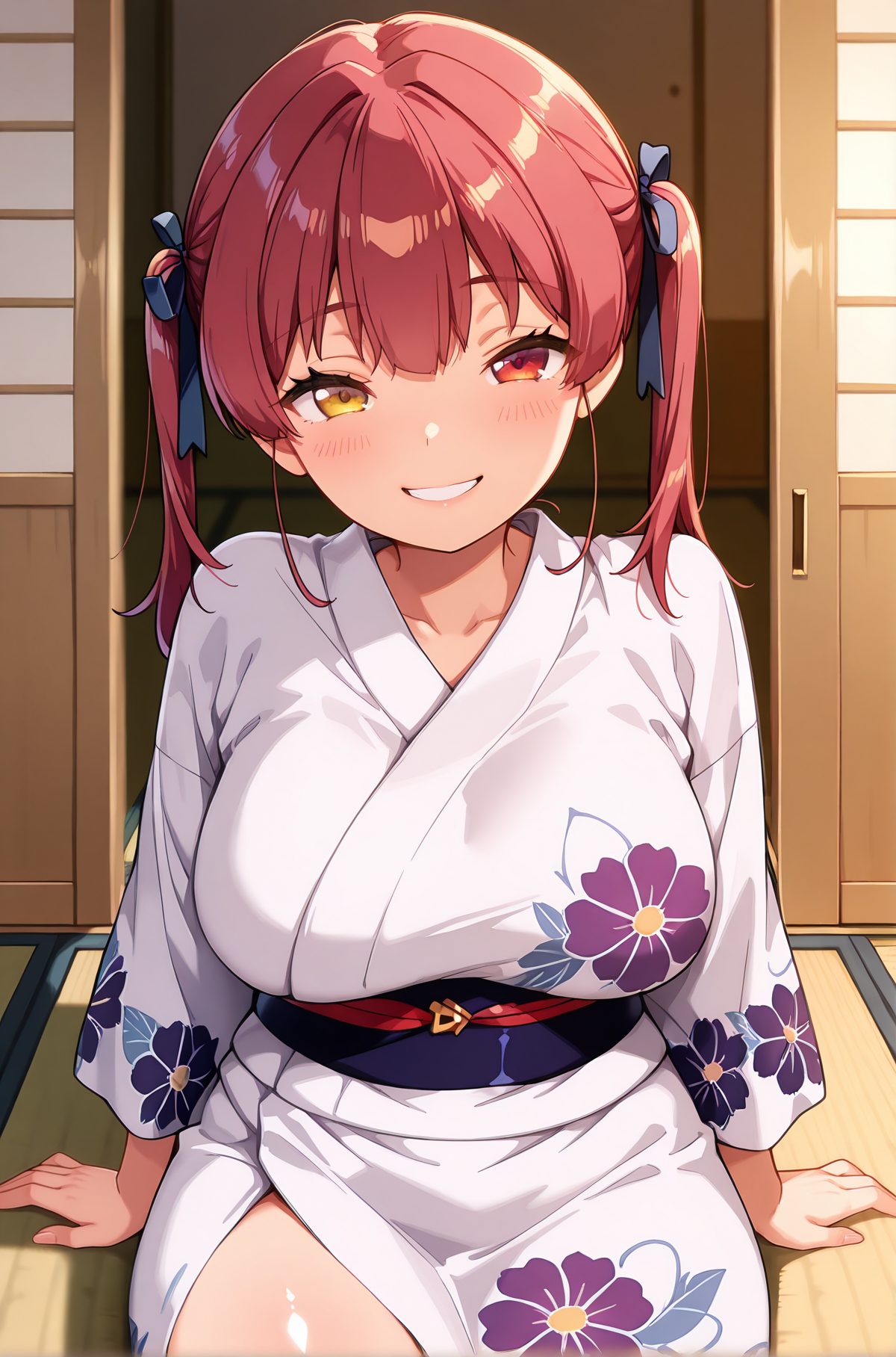 sensitive, 1girl, solo, long_hair, breasts, looking_at_viewer, blush, smile, bangs, large_breasts, red_eyes, long_sleeves, ribbon, twintails, sitting, collarbone, hair_ribbon, yellow_eyes, red_hair, japanese_clothes, indoors, virtual_youtuber, kimono, grin, sash, black_ribbon, heterochromia, arm_support, obi, floral_print, yukata, white_kimono, tatami, print_kimono, houshou_marine, 長い髪, 赤面, 笑顔, 前髪, 大きな胸, 赤い目, リボン, ツインテール, 座り, 鎖骨, 髪リボン, 赤髪, 和服, バーチャルYouTuber, 宝鐘マリン