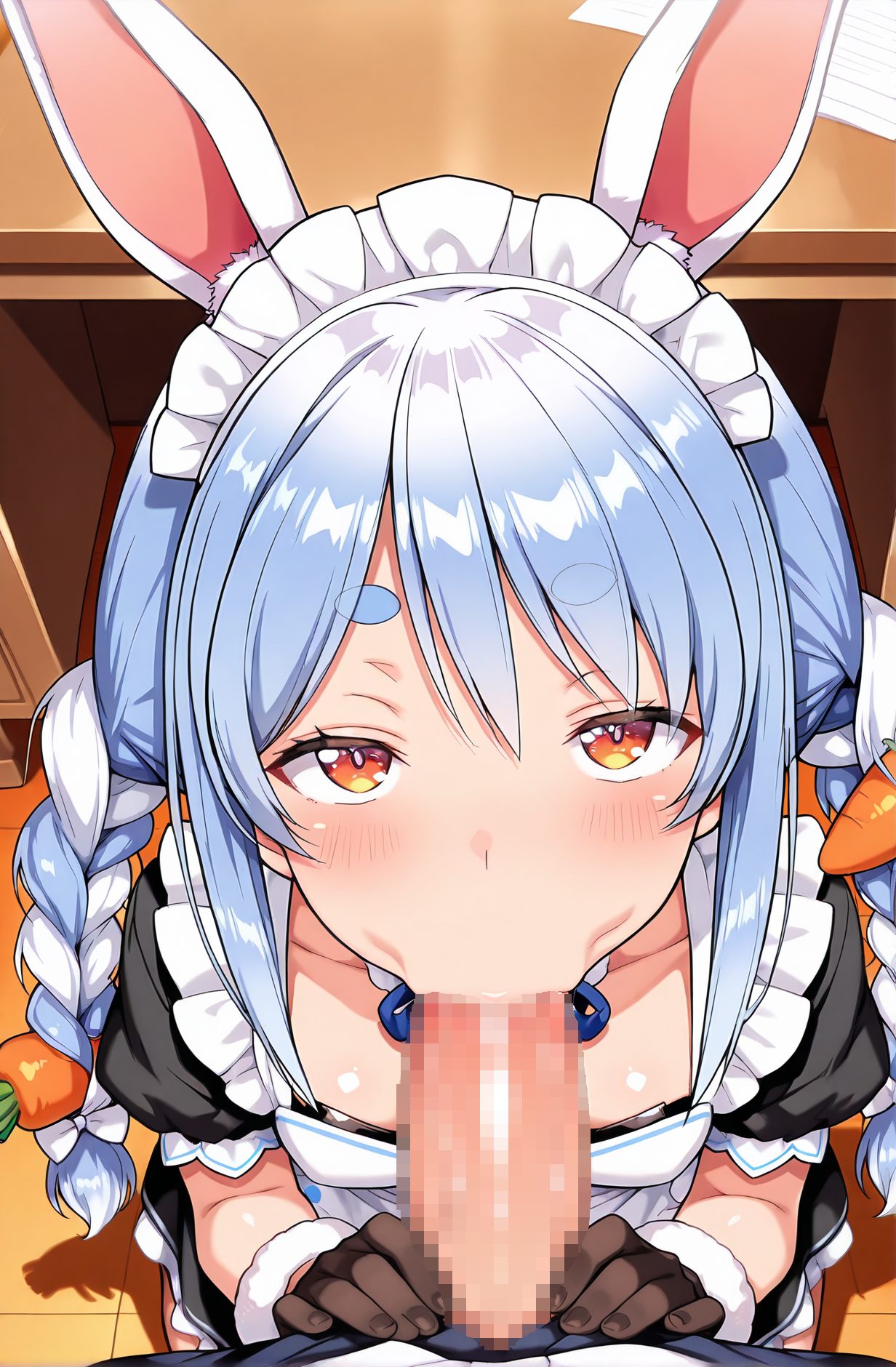 explicit, 1girl, long_hair, breasts, looking_at_viewer, blush, bangs, hair_ornament, gloves, 1boy, dress, animal_ears, twintails, blue_hair, collarbone, braid, white_hair, short_sleeves, hetero, multicolored_hair, small_breasts, penis, solo_focus, alternate_costume, black_gloves, virtual_youtuber, rabbit_ears, twin_braids, two-tone_hair, orange_eyes, animal_ear_fluff, maid, maid_headdress, saliva, uncensored, pov, from_above, oral, thick_eyebrows, fellatio, wooden_floor, enmaided, food-themed_hair_ornament, carrot_hair_ornament, :>=, usada_pekora, 長い髪, 赤面, 前髪, 髪飾り, 手袋, 動物耳, ツインテール, 青髪, 鎖骨, 白髪, 多色髪, 小さな胸, 黒手袋, バーチャルYouTuber, うさ耳, ツインブレイド, よだれ, 無修正, オーラル, フェラチオ, 兎田ぺこら, 兎田ぺこら_posted” class=”wp-image-7345″/>
</figure>
<hr class=