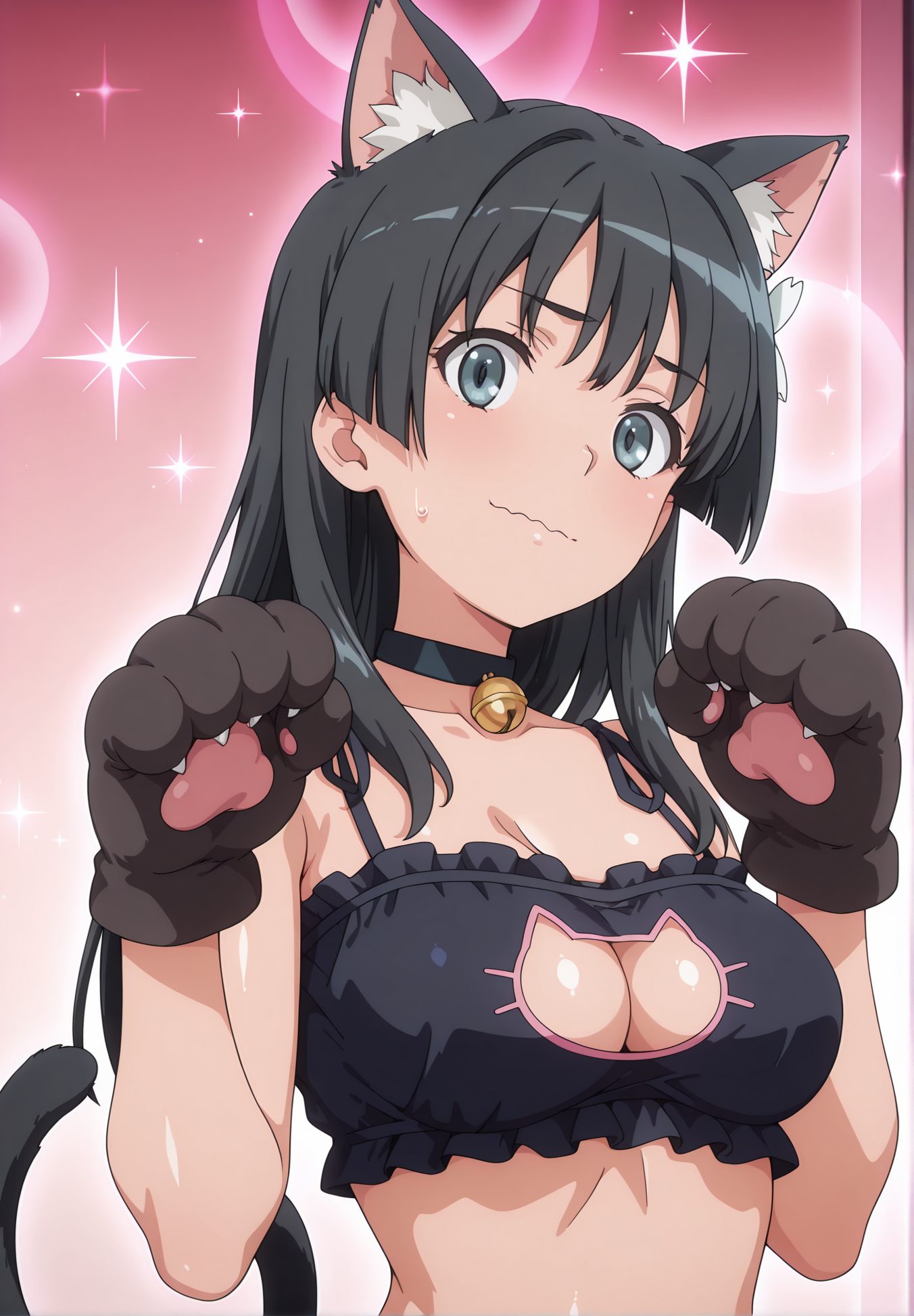 sensitive, 1girl, solo, long_hair, breasts, looking_at_viewer, blush, bangs, blue_eyes, black_hair, hair_ornament, gloves, animal_ears, cleavage, medium_breasts, closed_mouth, underwear, collarbone, tail, upper_body, frills, choker, shiny, cat_ears, hair_flower, bra, sweatdrop, cat_tail, clothing_cutout, bell, black_choker, wavy_mouth, cleavage_cutout, black_bra, jingle_bell, neck_bell, animal_hands, meme_attire, paw_gloves, frilled_bra, cat_cutout, cat_lingerie, cat_paws, saten_ruiko, 長い髪, 赤面, 前髪, 青い目, 黒髪, 髪飾り, 手袋, 動物耳, 中くらいの胸, 口閉じ, 下着, 鎖骨, チョーカー, 光沢, 髪の花, ブラ, 汗滴, 黒チョーカー, 猫ランジェリー, 佐天涙子