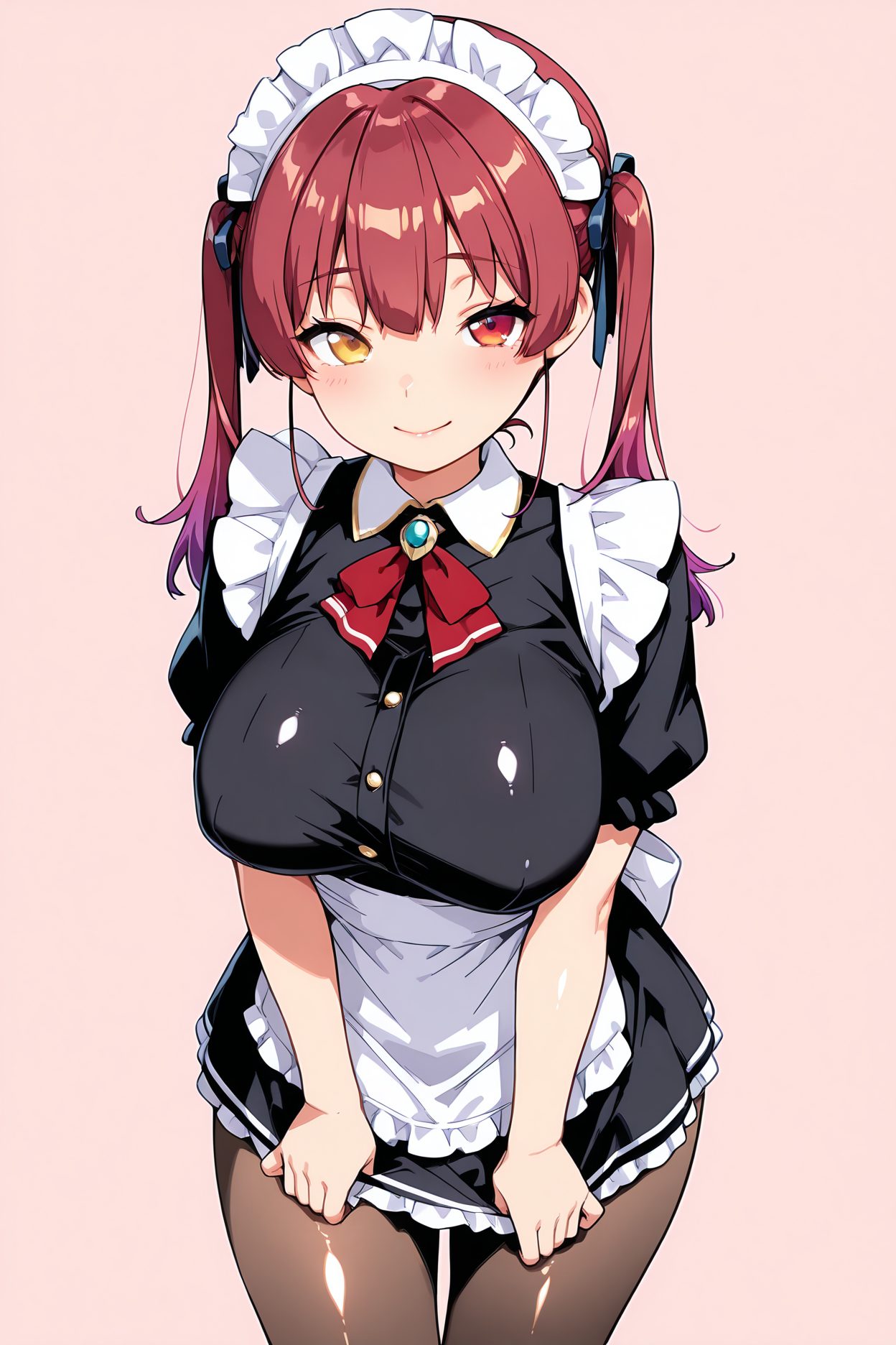 sensitive, 1girl, solo, long_hair, breasts, looking_at_viewer, blush, smile, bangs, large_breasts, simple_background, red_eyes, dress, ribbon, twintails, closed_mouth, hair_ribbon, yellow_eyes, short_sleeves, pantyhose, red_hair, cowboy_shot, frills, alternate_costume, puffy_sleeves, virtual_youtuber, apron, black_dress, red_ribbon, black_pantyhose, maid, maid_headdress, heterochromia, short_dress, pink_background, white_apron, maid_apron, enmaided, houshou_marine, 長い髪, 赤面, 笑顔, 前髪, 大きな胸, 赤い目, リボン, ツインテール, 口閉じ, 髪リボン, パンスト, 赤髪, バーチャルYouTuber, 赤リボン, 宝鐘マリン