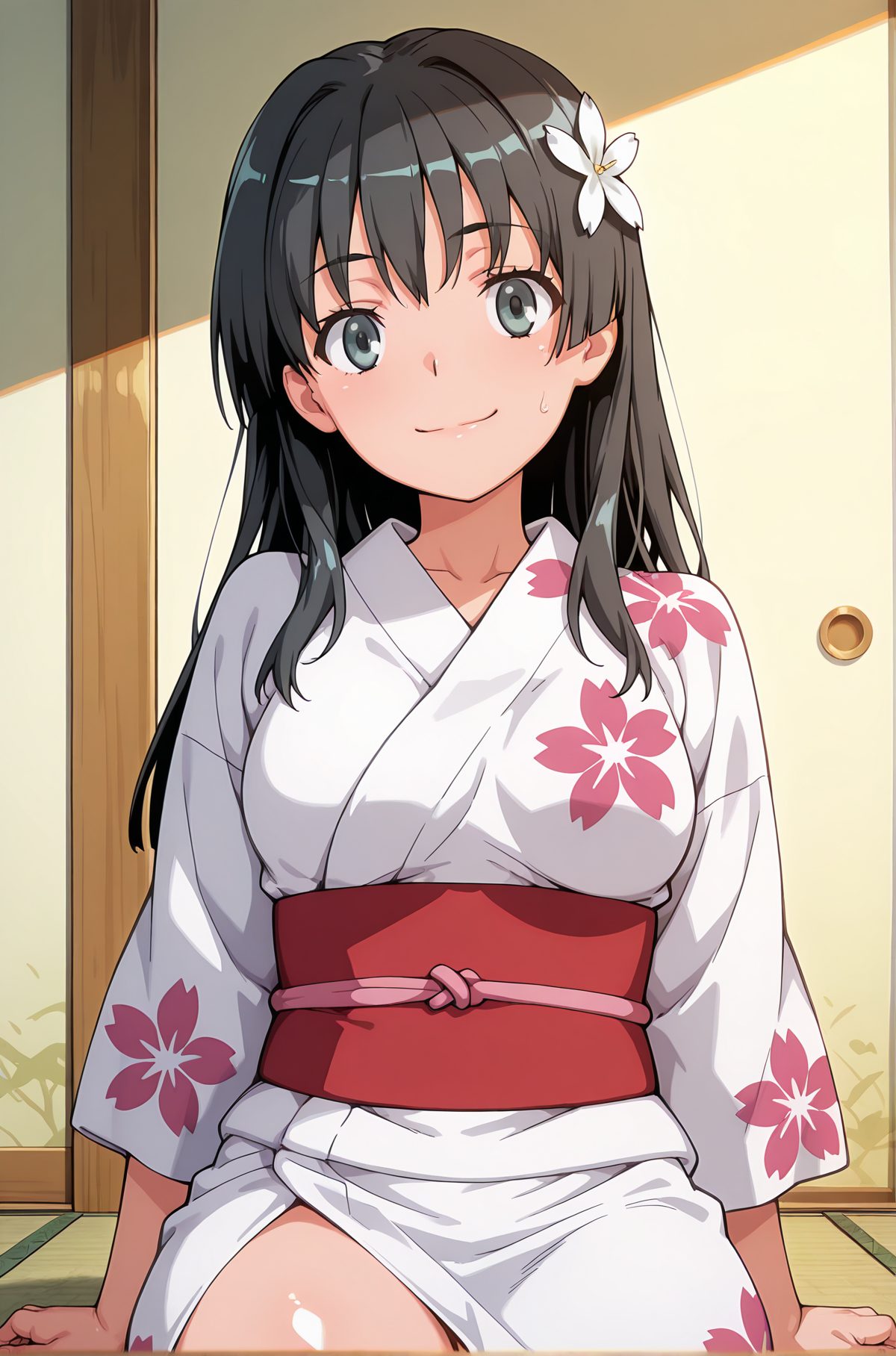 sensitive, 1girl, solo, long_hair, breasts, looking_at_viewer, blush, smile, bangs, black_hair, hair_ornament, long_sleeves, medium_breasts, sitting, closed_mouth, green_eyes, collarbone, flower, japanese_clothes, shiny, indoors, hair_flower, kimono, sweatdrop, sash, arm_support, obi, floral_print, yukata, white_kimono, tatami, saten_ruiko, 長い髪, 赤面, 笑顔, 前髪, 黒髪, 髪飾り, 中くらいの胸, 座り, 口閉じ, 緑の目, 鎖骨, 和服, 光沢, 髪の花, 汗滴, 佐天涙子
