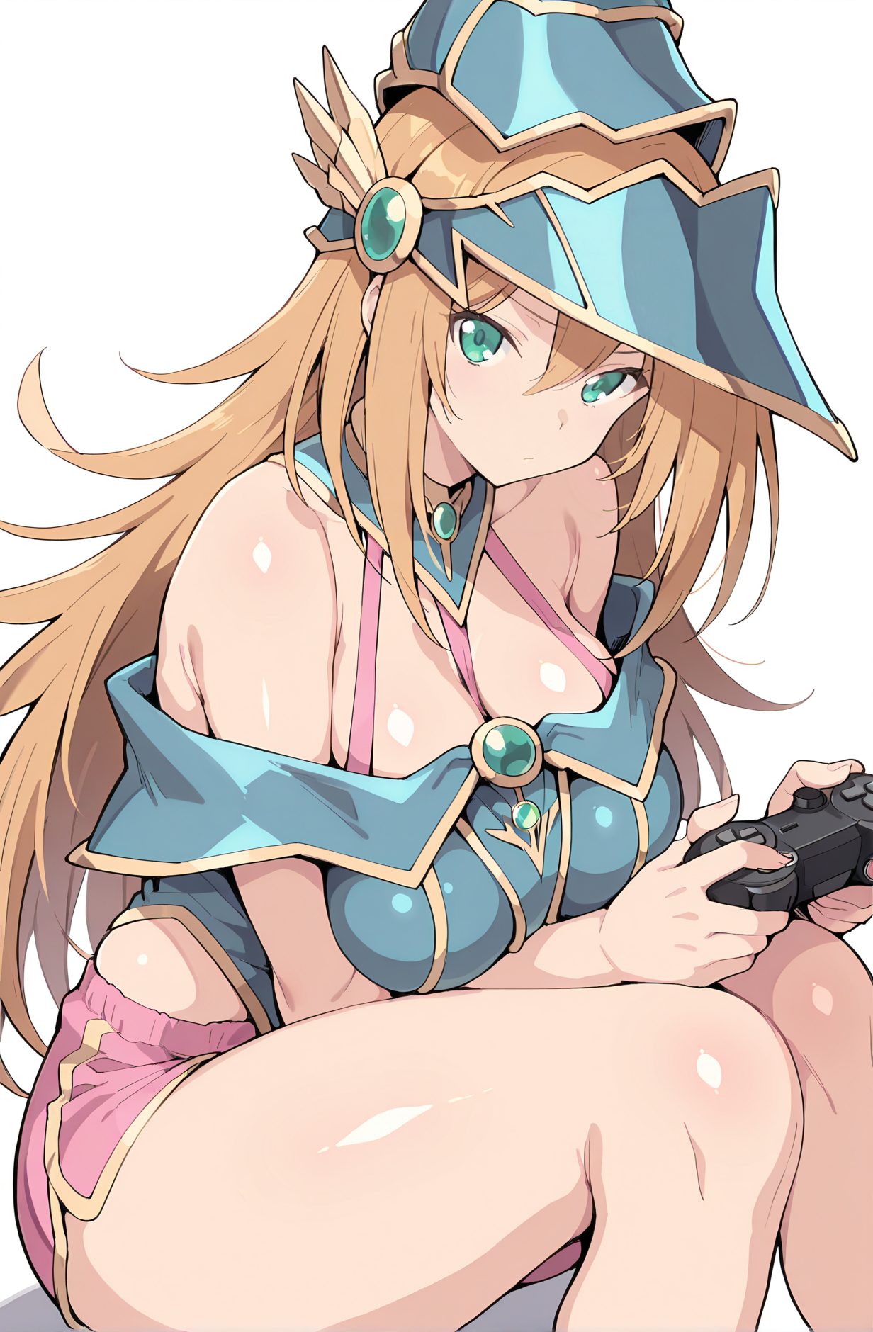 sensitive, 1girl, solo, long_hair, breasts, looking_at_viewer, blonde_hair, large_breasts, simple_background, hat, white_background, holding, cleavage, hair_between_eyes, bare_shoulders, sitting, closed_mouth, green_eyes, thighs, shorts, off_shoulder, blue_headwear, controller, duel_monster, game_controller, wizard_hat, pink_shorts, holding_controller, dark_magician_girl, 長い髪, 金髪, 大きな胸, 帽子, 目にかかる髪, 肩出し, 座り, 口閉じ, 緑の目, ブラック・マジシャン・ガール