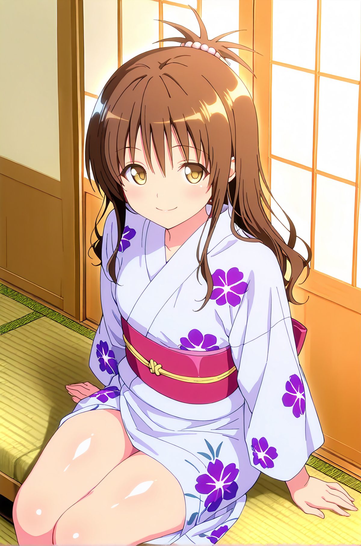 sensitive, 1girl, solo, long_hair, looking_at_viewer, blush, smile, bangs, brown_hair, hair_ornament, brown_eyes, sitting, closed_mouth, yellow_eyes, japanese_clothes, shiny, indoors, kimono, shiny_hair, shiny_skin, sash, arm_support, obi, floral_print, yukata, tatami, yuuki_mikan, 長い髪, 赤面, 笑顔, 前髪, 茶髪, 髪飾り, 座り, 口閉じ, 和服, 光沢, 光沢肌, 結城美柑
