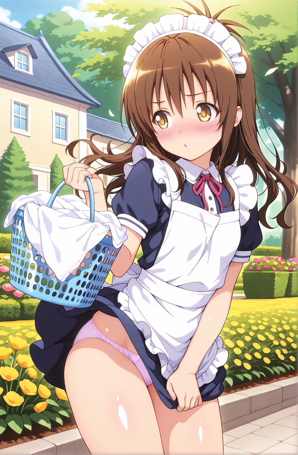 sensitive, 1girl, solo, long_hair, blush, bangs, skirt, brown_hair, dress, ribbon, holding, brown_eyes, underwear, standing, panties, flower, short_sleeves, cowboy_shot, outdoors, frills, sky, day, puffy_sleeves, apron, tree, puffy_short_sleeves, looking_to_the_side, maid, maid_headdress, neck_ribbon, embarrassed, looking_away, pantyshot, wind, building, pink_panties, yellow_flower, basket, wind_lift, bush, house, skirt_tug, dress_tug, yuuki_mikan, 長い髪, 赤面, 前髪, スカート, 茶髪, リボン, 下着, パンツ, 結城美柑