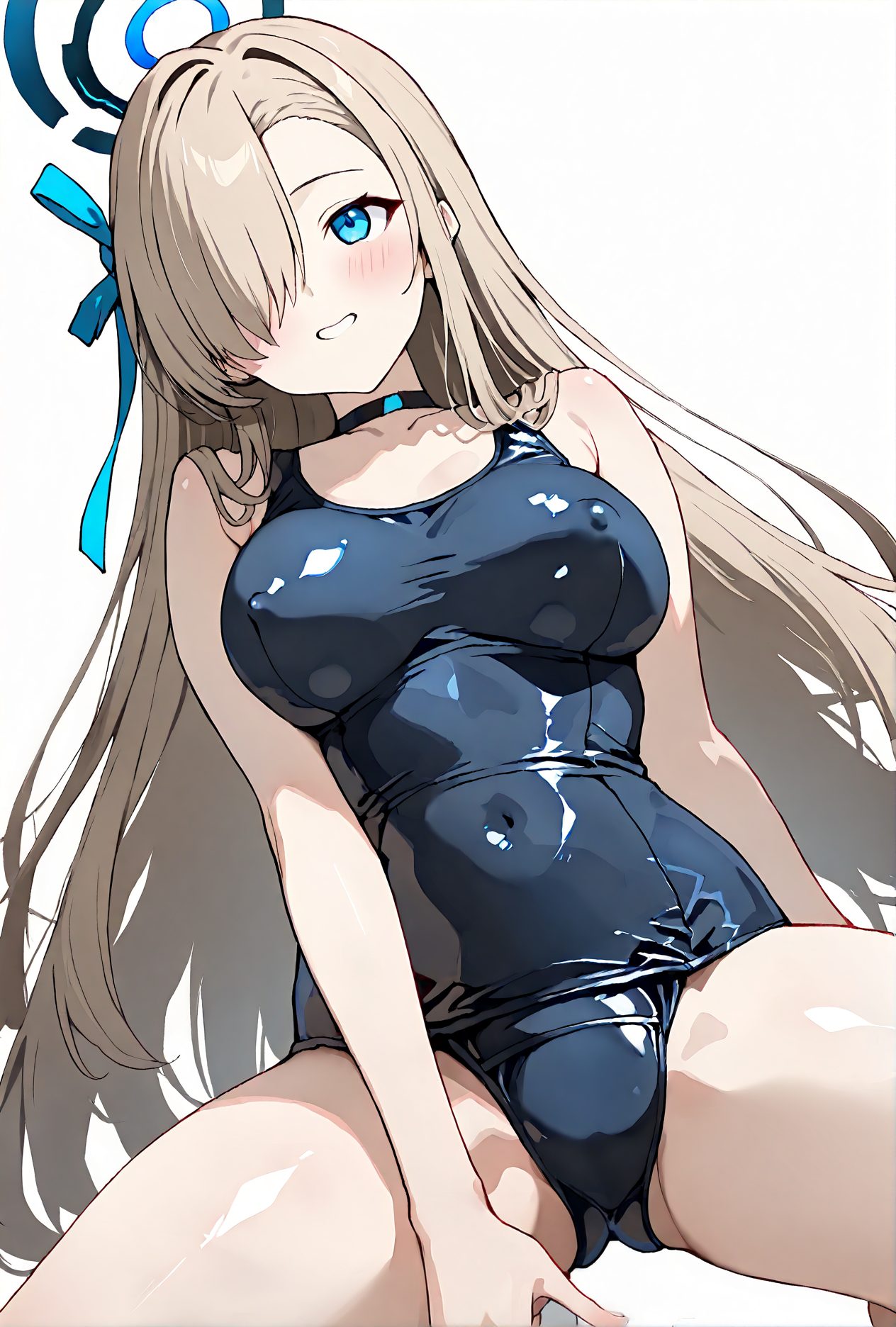 1girl, swimsuit, asuna \(blue archive\), breasts, one-piece swimsuit, solo, long hair, blue eyes, hair over one eye, large breasts, smile, halo, blush, choker, looking at viewer, blue one-piece swimsuit, school swimsuit, thighs, bangs, light brown hair, covered navel, bare shoulders, grin, ribbon, white background, spread legs, alternate costume, collarbone, hair ribbon, black choker, very long hair, simple background, old school swimsuit, black one-piece swimsuit, 赤面, 笑顔, M字開脚, 水着, 開脚, ロングヘア, 巨乳, ぱっつん, ワンピース, スクール水着, Posted, アスナ（ブルーアーカイブ）, ワンピース水着, 長い髪, 青い目, 大きな胸, チョーカー, 学校水着, 前髪, 肩出し, リボン, 脚開き, 鎖骨, 髪リボン, 黒チョーカー, とても長い髪, 旧スクール水着, スクール水着_posted