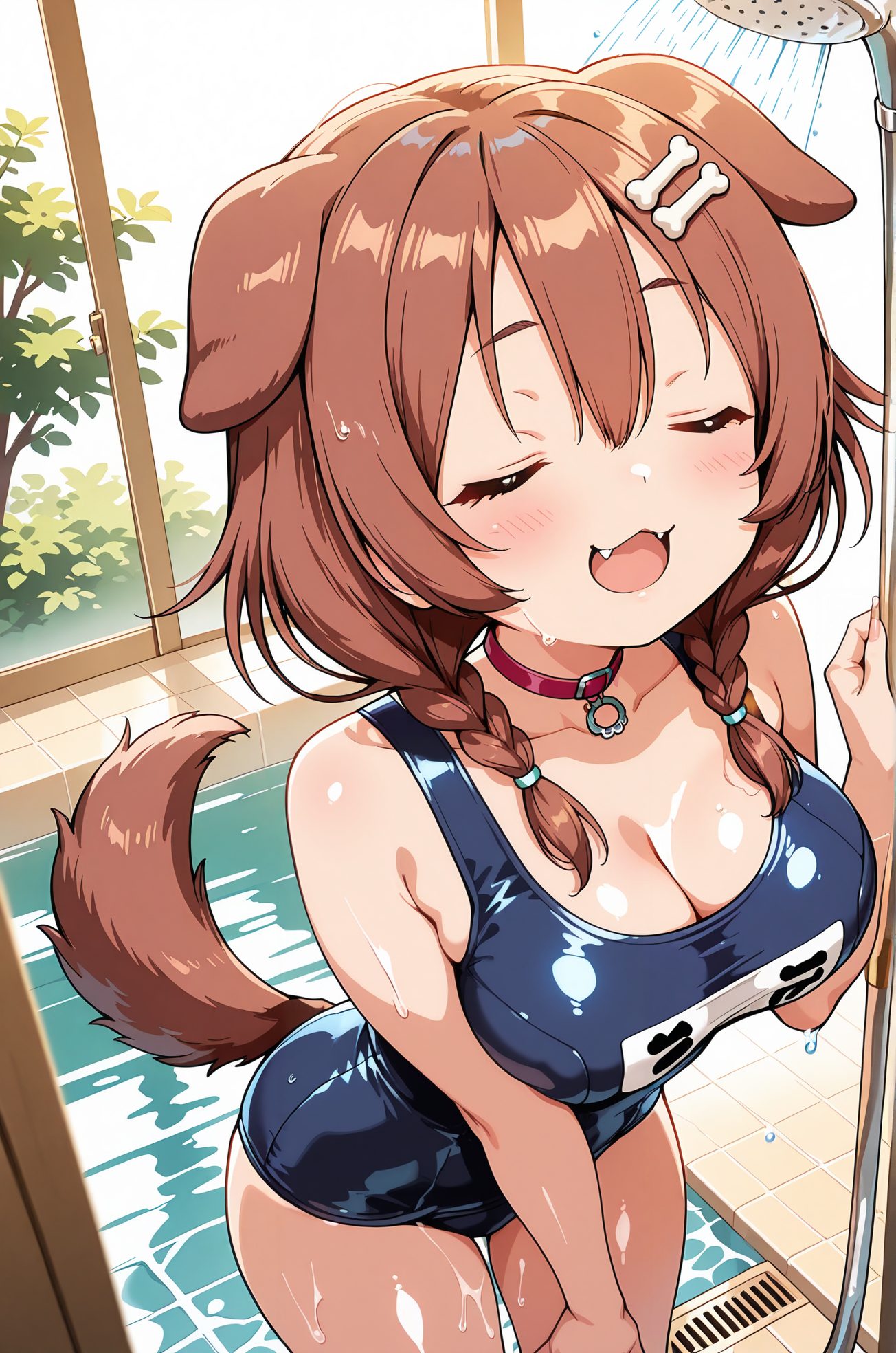 sensitive, questionable, 1girl, solo, long_hair, breasts, blush, smile, open_mouth, bangs, large_breasts, brown_hair, hair_ornament, animal_ears, cleavage, hair_between_eyes, collarbone, tail, swimsuit, closed_eyes, braid, :d, indoors, virtual_youtuber, water, twin_braids, collar, wet, one-piece_swimsuit, leaning_forward, :3, fangs, school_swimsuit, dog_ears, dog_tail, blue_one-piece_swimsuit, dog_girl, tiles, pool, red_collar, animal_collar, bone_hair_ornament, inugami_korone, 長い髪, 赤面, 笑顔, 口開き, 前髪, 大きな胸, 茶髪, 髪飾り, 動物耳, 目にかかる髪, 鎖骨, 水着, バーチャルYouTuber, ツインブレイド, ワンピース水着, 学校水着, 戌神ころね