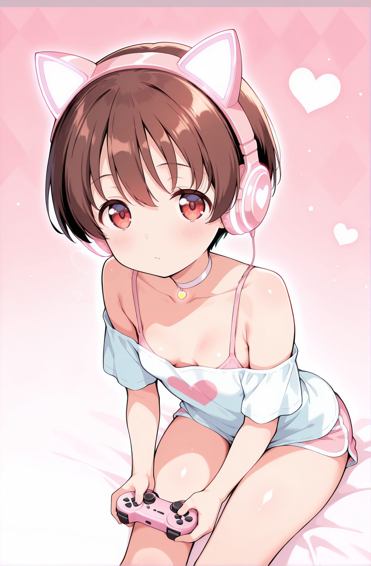 sensitive, 1girl, solo, breasts, looking_at_viewer, blush, short_hair, bangs, brown_hair, shirt, red_eyes, holding, animal_ears, hair_between_eyes, bare_shoulders, sitting, closed_mouth, underwear, collarbone, white_shirt, short_sleeves, heart, small_breasts, shorts, choker, cat_ears, off_shoulder, bra, short_shorts, fake_animal_ears, headphones, pink_background, pink_bra, controller, downblouse, game_controller, dolphin_shorts, pink_shorts, animal_ear_headphones, cat_ear_headphones, holding_controller, playstation_controller, 赤面, 短い髪, 前髪, 茶髪, シャツ, 赤い目, 動物耳, 目にかかる髪, 肩出し, 座り, 口閉じ, 下着, 鎖骨, 白シャツ, 小さな胸, チョーカー, ブラ, 偽動物耳, 宮永咲