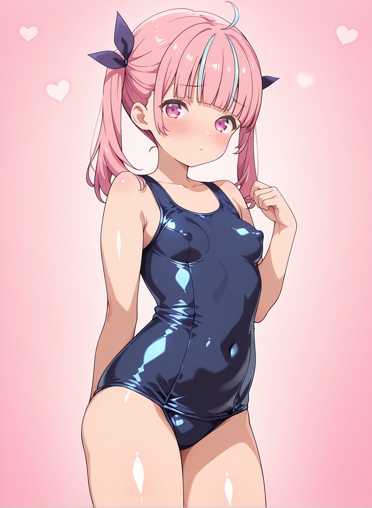 sensitive, questionable, 1girl, solo, long_hair, breasts, looking_at_viewer, blush, bangs, simple_background, ribbon, bare_shoulders, twintails, closed_mouth, blue_hair, standing, swimsuit, hair_ribbon, pink_hair, ahoge, heart, multicolored_hair, cowboy_shot, small_breasts, shiny, virtual_youtuber, hand_up, blunt_bangs, pink_eyes, covered_nipples, two-tone_hair, streaked_hair, one-piece_swimsuit, covered_navel, pink_background, school_swimsuit, blue_ribbon, shiny_clothes, blue_one-piece_swimsuit, colored_inner_hair, old_school_swimsuit, minato_aqua, 赤面, ツインテール, 水着, アホ毛, 貧乳, ぱっつん, ワンピース, スクール水着, バーチャルYouTuber, ホロライブ, 湊あくあ, 長い髪, 前髪, リボン, 肩出し, 口閉じ, 青髪, 髪リボン, ピンク髪, 多色髪, 小さな胸, 光沢, ワンピース水着, 学校水着, 旧スクール水着, みなとあくあ, 湊あくあ_posted