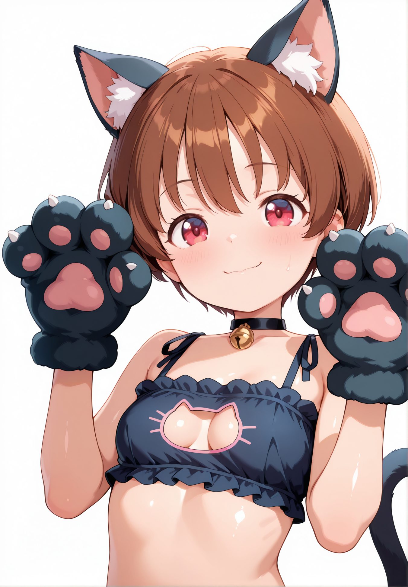 sensitive, 1girl, solo, breasts, looking_at_viewer, blush, smile, short_hair, bangs, simple_background, brown_hair, red_eyes, gloves, white_background, animal_ears, bare_shoulders, closed_mouth, underwear, tail, upper_body, small_breasts, frills, choker, cat_ears, bra, cat_tail, animal_ear_fluff, hands_up, clothing_cutout, bell, :3, black_choker, cleavage_cutout, black_bra, jingle_bell, neck_bell, kemonomimi_mode, animal_hands, meme_attire, paw_gloves, frilled_bra, cat_cutout, cat_lingerie, cat_paws, 赤面, 笑顔, 短い髪, 前髪, 茶髪, 赤い目, 手袋, 動物耳, 肩出し, 口閉じ, 下着, 小さな胸, チョーカー, ブラ, 黒チョーカー, 猫ランジェリー, 宮永咲