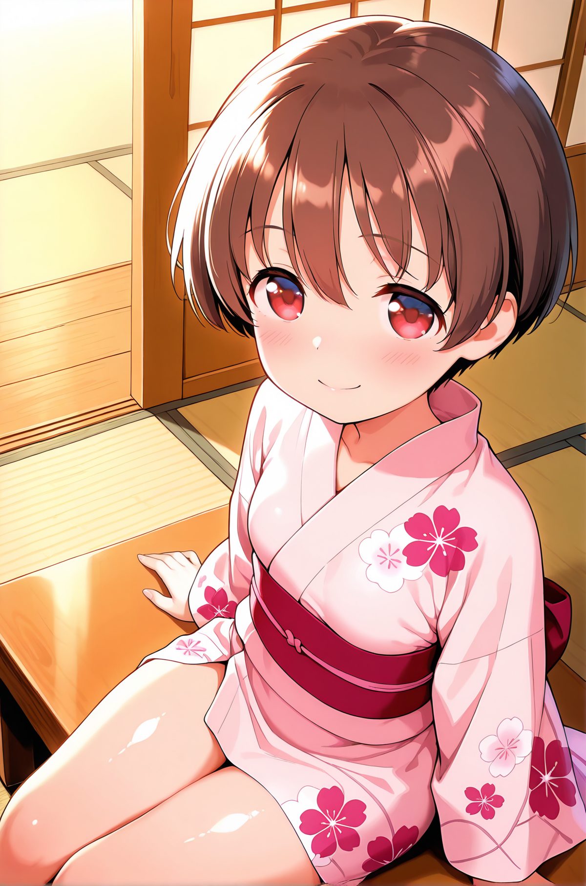sensitive, 1girl, solo, breasts, looking_at_viewer, blush, smile, short_hair, bangs, brown_hair, red_eyes, long_sleeves, hair_between_eyes, sitting, closed_mouth, collarbone, thighs, small_breasts, japanese_clothes, shiny, indoors, kimono, shiny_hair, shiny_skin, sash, arm_support, obi, floral_print, yukata, tatami, print_kimono, pink_kimono, sliding_doors, 赤面, 笑顔, 短い髪, 前髪, 茶髪, 赤い目, 目にかかる髪, 座り, 口閉じ, 鎖骨, 小さな胸, 和服, 光沢, 光沢肌, 宮永咲