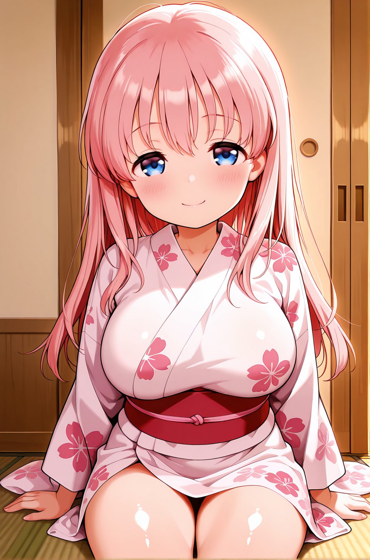 sensitive, 1girl, solo, long_hair, breasts, looking_at_viewer, blush, smile, bangs, blue_eyes, large_breasts, long_sleeves, sitting, closed_mouth, collarbone, pink_hair, thighs, japanese_clothes, shiny, indoors, kimono, shiny_hair, shiny_skin, sash, arm_support, obi, floral_print, hair_down, yukata, print_kimono, pink_kimono, haramura_nodoka, 長い髪, 赤面, 笑顔, 前髪, 青い目, 大きな胸, 座り, 口閉じ, 鎖骨, ピンク髪, 和服, 光沢, 光沢肌, 原村和, Posted
