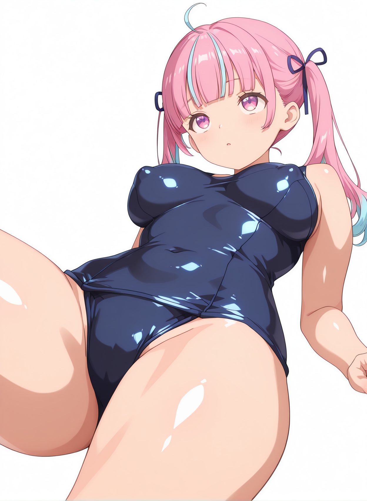 questionable, 1girl, solo, long_hair, breasts, blush, bangs, large_breasts, simple_background, white_background, ribbon, twintails, blue_hair, purple_eyes, swimsuit, hair_ribbon, pink_hair, ahoge, thighs, multicolored_hair, parted_lips, shiny, virtual_youtuber, blunt_bangs, pink_eyes, covered_nipples, two-tone_hair, streaked_hair, one-piece_swimsuit, covered_navel, school_swimsuit, blue_ribbon, shiny_clothes, blue_one-piece_swimsuit, colored_inner_hair, minato_aqua, 赤面, ツインテール, 水着, アホ毛, 巨乳, ぱっつん, ワンピース, スクール水着, バーチャルYouTuber, ホロライブ, 湊あくあ, 長い髪, 前髪, 大きな胸, リボン, 青髪, 髪リボン, ピンク髪, 多色髪, 光沢, ワンピース水着, 学校水着, みなとあくあ, 湊あくあ_posted