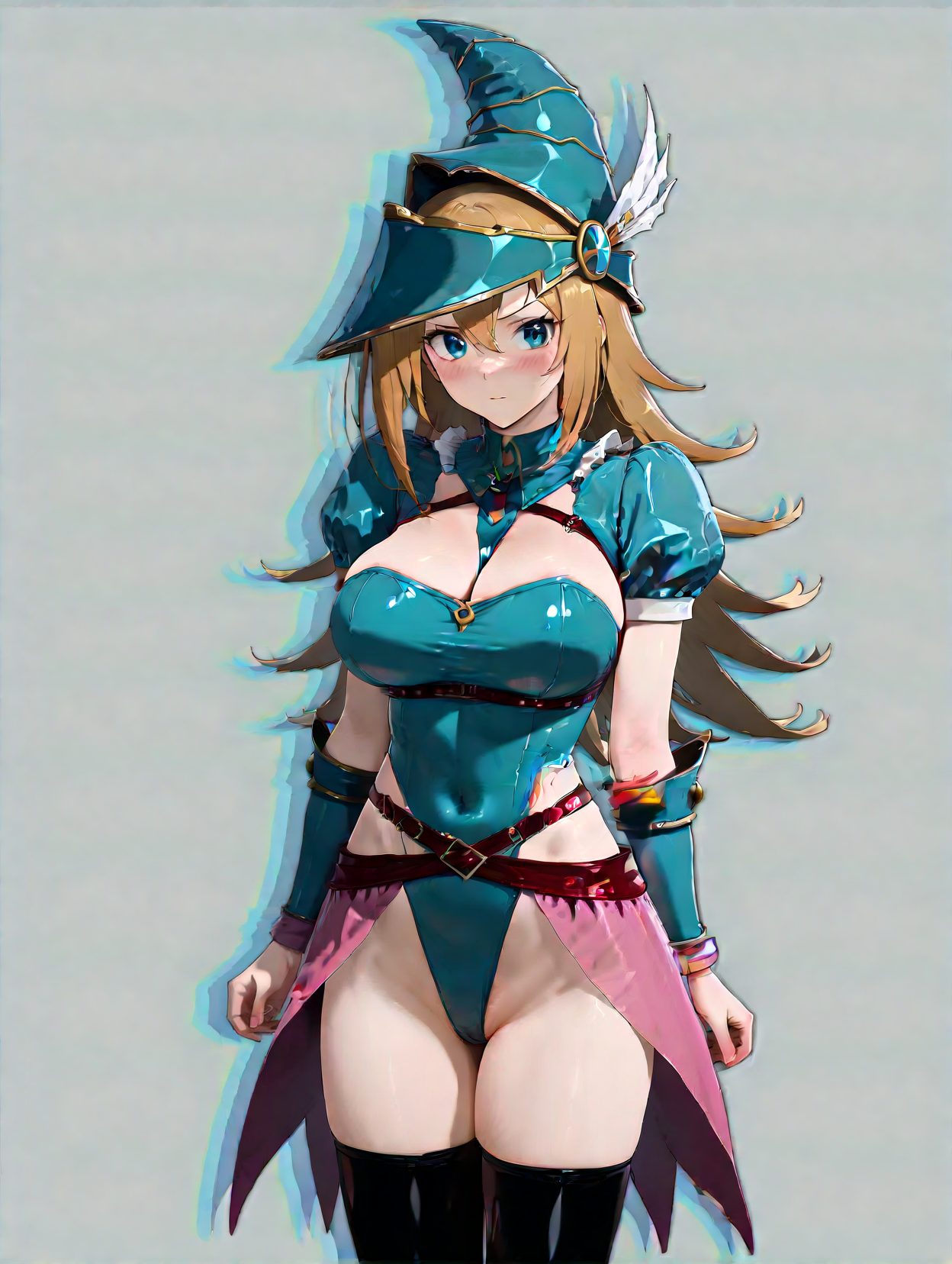 1girl, breasts, solo, duel monster, dark magician girl, large breasts, highleg, blonde hair, thighhighs, leotard, long hair, highleg leotard, covered navel, blue eyes, blush, cleavage, hat, adapted costume, short sleeves, closed mouth, thighs, looking at viewer, black thighhighs, blue leotard, belt, puffy sleeves, shiny clothes, wizard hat, puffy short sleeves, hair between eyes, showgirl skirt, simple background, grey background, bangs, cowboy shot, alternate costume, between breasts, 赤面, 胸チラ, 帽子, レオタード, ロングヘア, 巨乳, ぱっつん, 金髪, アングル, ハイグレ, ブラック・マジシャン・ガール, 遊戯王, 大きな胸, 太ももハイソックス, 長い髪, ハイレグレオタード, 青い目, 口閉じ, 目にかかる髪, ショーガールスカート, 前髪
