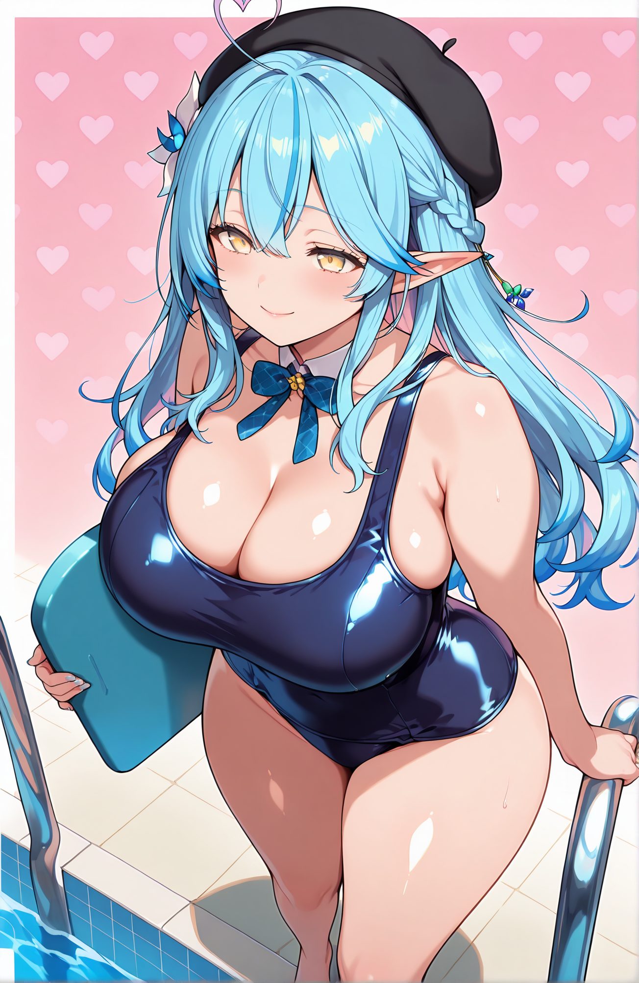 sensitive, 1girl, solo, long_hair, breasts, looking_at_viewer, blush, smile, bangs, large_breasts, hair_ornament, hat, bow, holding, cleavage, hair_between_eyes, bare_shoulders, closed_mouth, blue_hair, swimsuit, yellow_eyes, braid, flower, ahoge, heart, thighs, multicolored_hair, pointy_ears, shiny, virtual_youtuber, hair_flower, bowtie, water, streaked_hair, wet, one-piece_swimsuit, shiny_skin, detached_collar, beret, school_swimsuit, elf, shiny_clothes, blue_one-piece_swimsuit, pool, poolside, colored_tips, heart_ahoge, pool_ladder, yukihana_lamy, 長い髪, 赤面, 笑顔, 前髪, 大きな胸, 髪飾り, 帽子, ボウ, 目にかかる髪, 肩出し, 口閉じ, 青髪, 水着, アホ毛, 多色髪, 光沢, バーチャルYouTuber, 髪の花, ワンピース水着, 光沢肌, ベレー帽, 学校水着, 雪花ラミィ