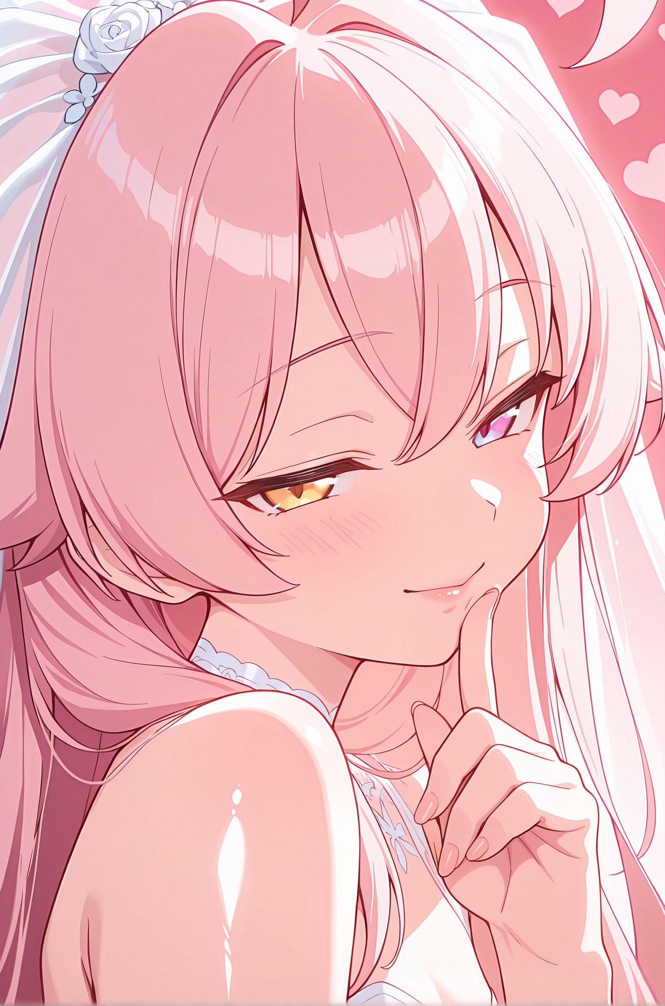 sensitive, 1girl, solo, long_hair, looking_at_viewer, blush, smile, bangs, hair_ornament, hair_between_eyes, bare_shoulders, closed_mouth, yellow_eyes, upper_body, pink_hair, flower, ahoge, heart, hair_flower, heterochromia, halo, half-closed_eyes, veil, finger_to_mouth, wedding_dress, bridal_veil, hoshino_(blue_archive), 長い髪, 赤面, 笑顔, 前髪, 髪飾り, 目にかかる髪, 肩出し, 口閉じ, ピンク髪, アホ毛, 髪の花, ホシノ（ブルーアーカイブ）, Posted, ホシノ_posted