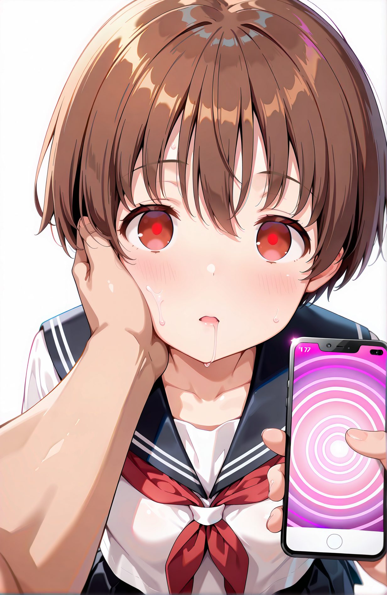 sensitive, 1girl, breasts, looking_at_viewer, blush, short_hair, open_mouth, bangs, skirt, simple_background, brown_hair, shirt, red_eyes, 1boy, white_background, holding, hair_between_eyes, school_uniform, collarbone, white_shirt, sweat, pleated_skirt, serafuku, solo_focus, black_skirt, sailor_collar, shiny_hair, neckerchief, saliva, pov, phone, cellphone, drooling, smartphone, red_neckerchief, holding_phone, black_sailor_collar, pov_hands, hand_on_another's_face, mind_control, hand_on_another's_cheek, hypnosis, hands_on_another's_face, cheek_squash, セーラー服, 制服, Tシャツ, 汗, スカート, よだれ, ぱっつん, 赤面, 短い髪, 口開き, 前髪, 茶髪, シャツ, 赤い目, 目にかかる髪, 学校制服, 鎖骨, 白シャツ, 催眠, 宮永咲