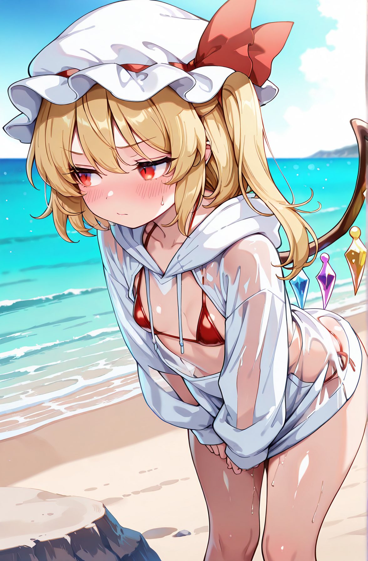 sensitive, 1girl, solo, breasts, blush, bangs, blonde_hair, red_eyes, long_sleeves, hat, ribbon, hair_between_eyes, closed_mouth, standing, collarbone, jacket, swimsuit, bikini, small_breasts, outdoors, wings, sky, alternate_costume, day, cloud, hood, water, red_ribbon, blue_sky, wet, hoodie, leaning_forward, ocean, white_headwear, one_side_up, embarrassed, beach, mob_cap, hat_ribbon, red_bikini, crystal, sand, white_hoodie, flandre_scarlet, 赤面, 前髪, 金髪, 赤い目, 帽子, リボン, 目にかかる髪, 口閉じ, 鎖骨, 水着, ビキニ, 小さな胸, 赤リボン, パーカー, 白頭飾, 片側アップ, モブキャップ, 帽子リボン, フランドール・スカーレット