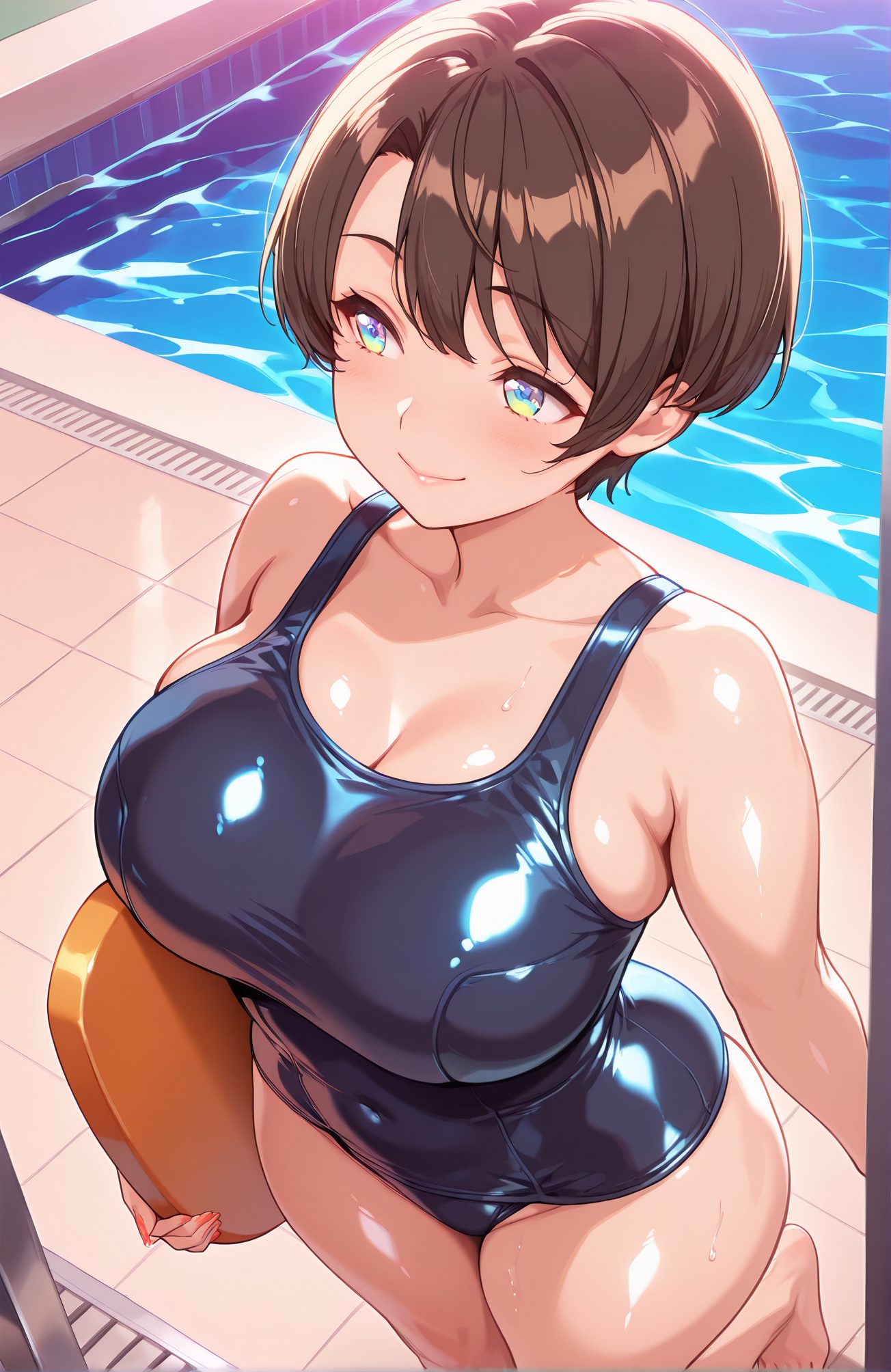 sensitive, 1girl, solo, breasts, blush, smile, short_hair, bangs, blue_eyes, large_breasts, brown_hair, holding, cleavage, bare_shoulders, closed_mouth, collarbone, swimsuit, thighs, barefoot, shiny, virtual_youtuber, water, wet, one-piece_swimsuit, shiny_skin, covered_navel, swept_bangs, school_swimsuit, tray, shiny_clothes, blue_one-piece_swimsuit, pool, poolside, kickboard, oozora_subaru, 赤面, 笑顔, 短い髪, 前髪, 青い目, 大きな胸, 茶髪, 肩出し, 口閉じ, 鎖骨, 水着, 光沢, バーチャルYouTuber, ワンピース水着, 光沢肌, 学校水着, 大空スバル