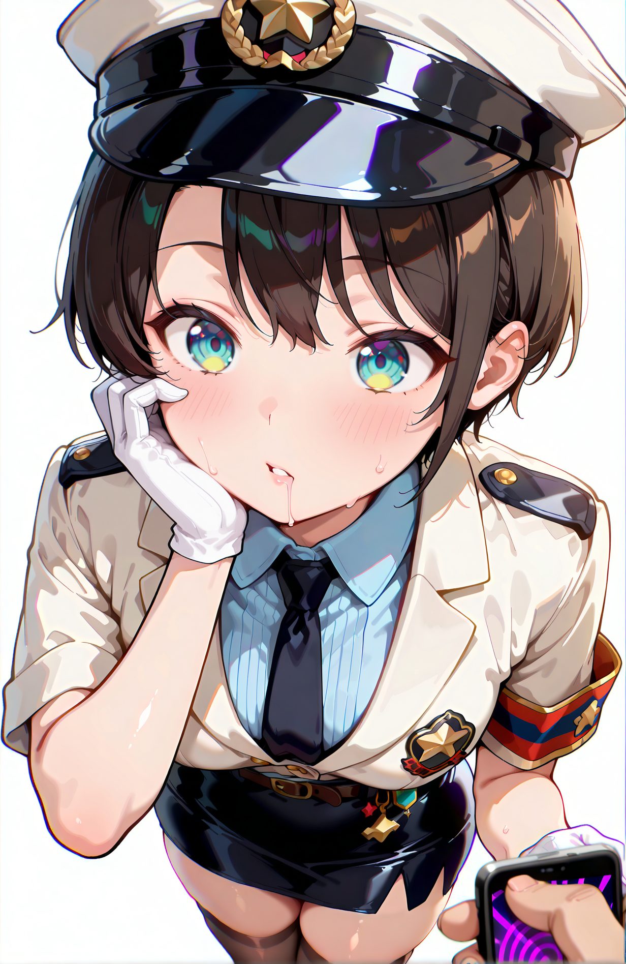sensitive, 1girl, breasts, looking_at_viewer, blush, short_hair, bangs, blue_eyes, skirt, simple_background, brown_hair, shirt, thighhighs, gloves, hat, white_background, holding, medium_breasts, short_sleeves, sweat, parted_lips, necktie, solo_focus, striped, collared_shirt, belt, virtual_youtuber, white_gloves, miniskirt, black_skirt, uniform, aqua_eyes, zettai_ryouiki, saliva, swept_bangs, pov, white_headwear, phone, cellphone, blue_shirt, drooling, armband, peaked_cap, black_necktie, smartphone, vertical_stripes, hand_on_own_face, pencil_skirt, holding_phone, striped_shirt, vibrator, multicolored_eyes, hand_on_own_cheek, police, police_uniform, vertical-striped_shirt, remote_control, policewoman, oozora_subaru, ポリス, 帽子, 大空スバル, 手袋, 制服, バーチャルYouTuber, OL, Tシャツ, ユニフォーム, スカート, よだれ, 汗, ホロライブ, ぱっつん, 赤面, 短い髪, 前髪, 青い目, 茶髪, シャツ, 太ももハイソックス, 中くらいの胸, ミニスカート, 白頭飾, ピーク帽, ペンシルスカート, Posted