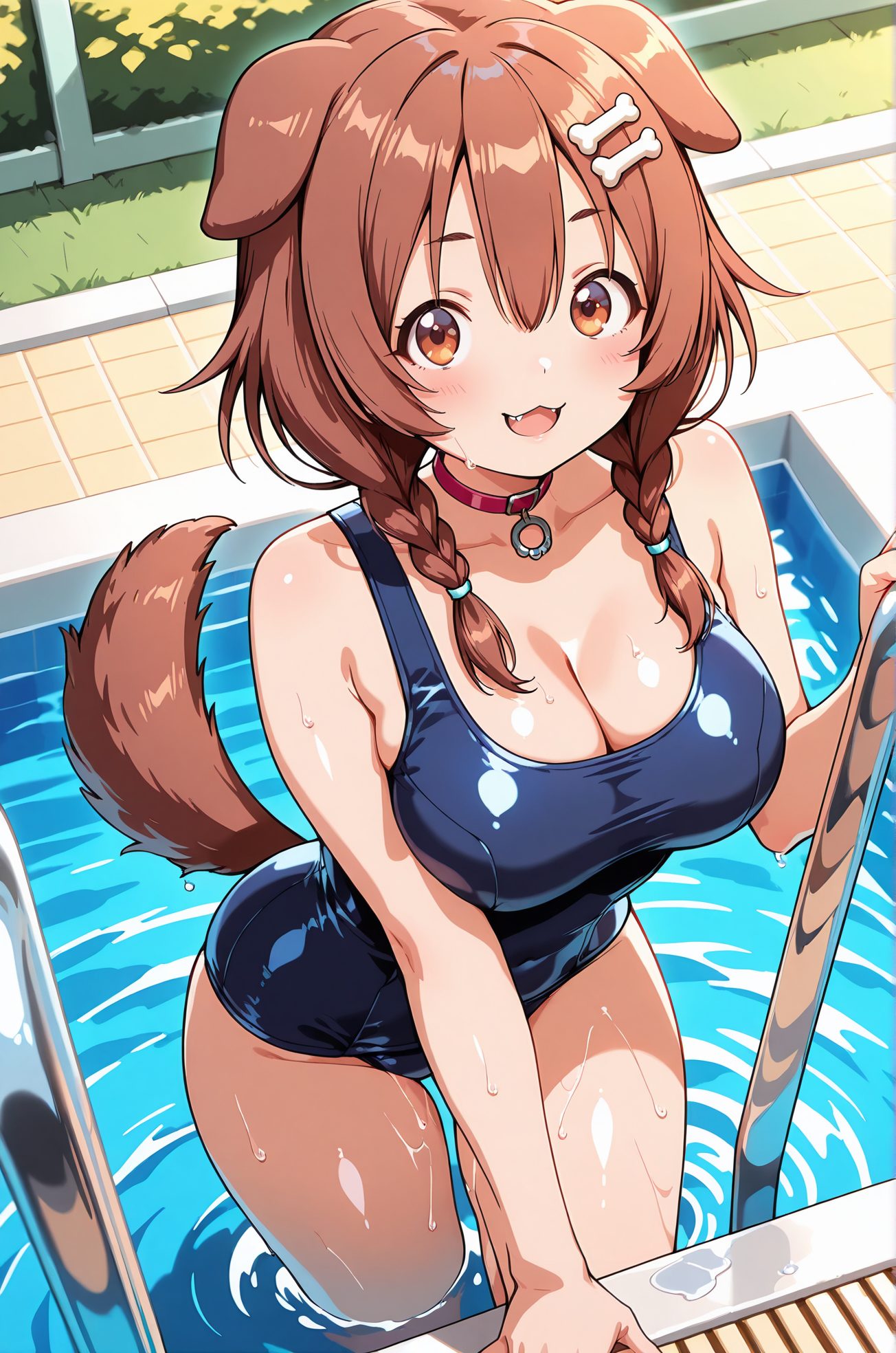 sensitive, 1girl, solo, long_hair, breasts, looking_at_viewer, blush, smile, open_mouth, bangs, large_breasts, brown_hair, hair_ornament, animal_ears, cleavage, hair_between_eyes, bare_shoulders, brown_eyes, collarbone, tail, swimsuit, braid, :d, thighs, outdoors, fang, virtual_youtuber, water, twin_braids, collar, wet, one-piece_swimsuit, covered_navel, :3, fangs, school_swimsuit, dog_ears, wading, shiny_clothes, dog_tail, blue_one-piece_swimsuit, dog_girl, pool, poolside, red_collar, animal_collar, bone_hair_ornament, pool_ladder, cartoon_bone, inugami_korone, 長い髪, 赤面, 笑顔, 口開き, 前髪, 大きな胸, 茶髪, 髪飾り, 動物耳, 目にかかる髪, 肩出し, 鎖骨, 水着, バーチャルYouTuber, ツインブレイド, ワンピース水着, 学校水着, 戌神ころね