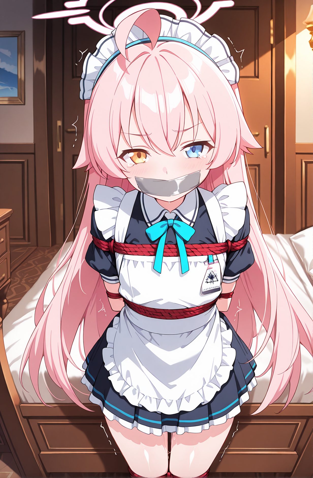 sensitive, 1girl, solo, long_hair, looking_at_viewer, blush, bangs, blue_eyes, thighhighs, dress, bow, hair_between_eyes, very_long_hair, standing, yellow_eyes, pink_hair, ahoge, short_sleeves, frills, alternate_costume, puffy_sleeves, indoors, tears, bowtie, apron, black_dress, puffy_short_sleeves, maid, maid_headdress, bed, heterochromia, on_bed, halo, arms_behind_back, bound, trembling, bdsm, bondage, rope, white_apron, maid_apron, frilled_apron, enmaided, gag, gagged, shibari, tape, improvised_gag, tape_gag, hoshino_(blue_archive), 長い髪, 赤面, 前髪, 青い目, 太ももハイソックス, ボウ, 目にかかる髪, とても長い髪, ピンク髪, アホ毛, 涙, 震え, ホシノ（ブルーアーカイブ）