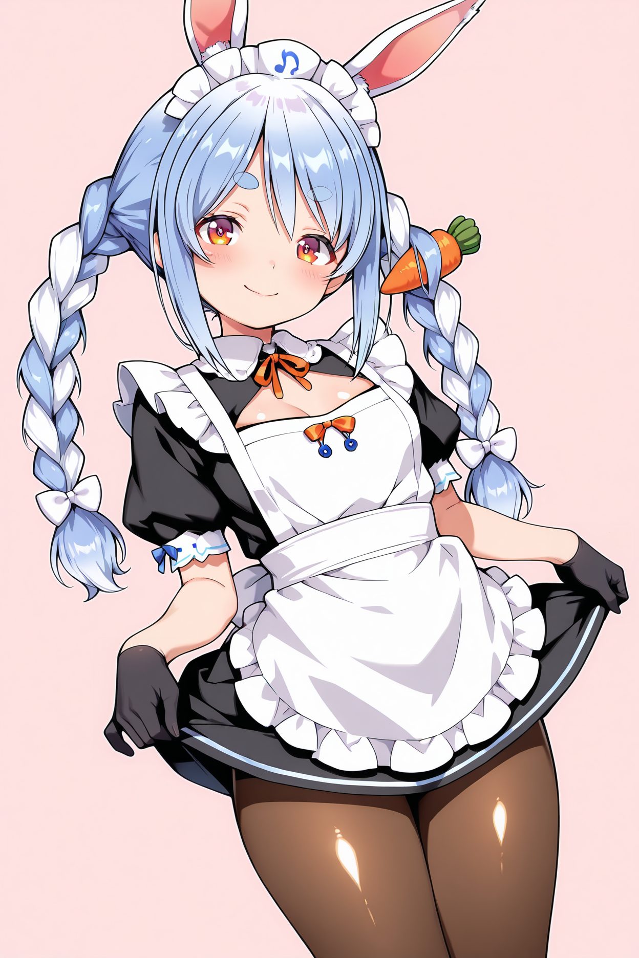 sensitive, 1girl, solo, long_hair, looking_at_viewer, blush, smile, bangs, simple_background, hair_ornament, red_eyes, gloves, dress, bow, animal_ears, twintails, closed_mouth, blue_hair, braid, white_hair, short_sleeves, hair_bow, pantyhose, multicolored_hair, cowboy_shot, frills, alternate_costume, black_gloves, puffy_sleeves, virtual_youtuber, rabbit_ears, apron, black_dress, twin_braids, two-tone_hair, puffy_short_sleeves, orange_eyes, animal_ear_fluff, black_pantyhose, maid, symbol-shaped_pupils, maid_headdress, clothing_cutout, pink_background, thick_eyebrows, white_apron, maid_apron, frilled_apron, brown_pantyhose, enmaided, skirt_hold, short_eyebrows, food-themed_hair_ornament, carrot_hair_ornament, usada_pekora, 長い髪, 赤面, 笑顔, 前髪, 髪飾り, 赤い目, 手袋, ボウ, 動物耳, ツインテール, 口閉じ, 青髪, 白髪, 髪ボウ, パンスト, 多色髪, 黒手袋, バーチャルYouTuber, うさ耳, ツインブレイド, 兎田ぺこら