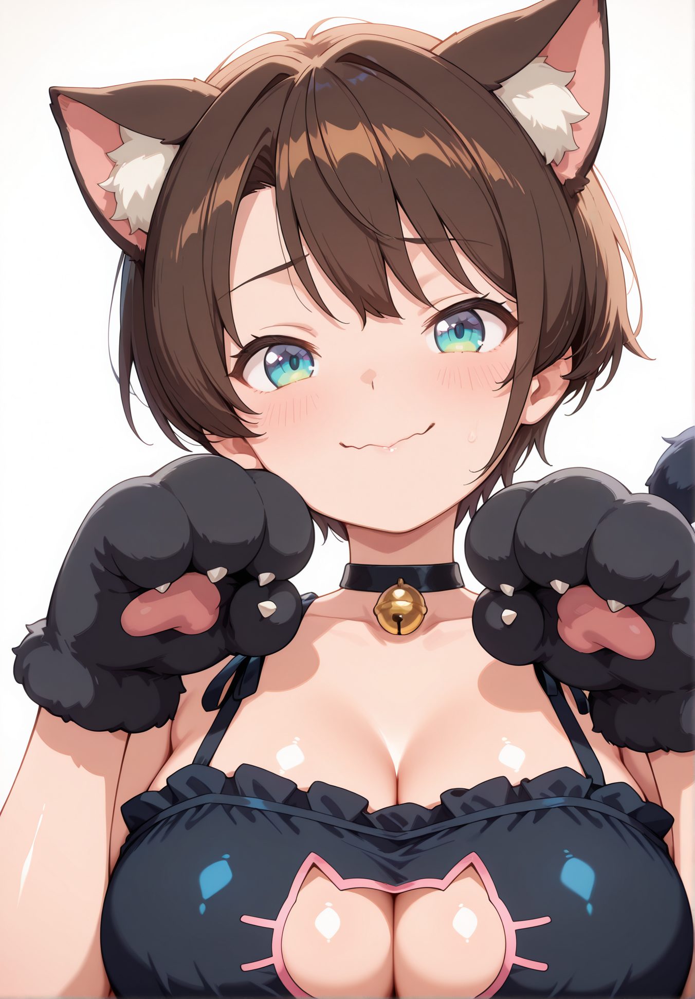 sensitive, 1girl, solo, breasts, looking_at_viewer, blush, smile, short_hair, bangs, blue_eyes, large_breasts, simple_background, brown_hair, gloves, white_background, animal_ears, cleavage, closed_mouth, underwear, collarbone, upper_body, frills, choker, virtual_youtuber, cat_ears, bra, aqua_eyes, animal_ear_fluff, clothing_cutout, bell, swept_bangs, black_choker, wavy_mouth, cleavage_cutout, black_bra, jingle_bell, neck_bell, kemonomimi_mode, animal_hands, meme_attire, paw_gloves, frilled_bra, cat_cutout, cat_lingerie, cat_paws, oozora_subaru, ブラジャー, 下着, フリル, 大空スバル, 手袋, バーチャルYouTuber, 巨乳, 胸チラ, うさ耳, ホロライブ, ぱっつん, 獣耳, 赤面, 笑顔, 短い髪, 前髪, 青い目, 大きな胸, 茶髪, 動物耳, 口閉じ, 鎖骨, チョーカー, ブラ, 黒チョーカー, 猫ランジェリー